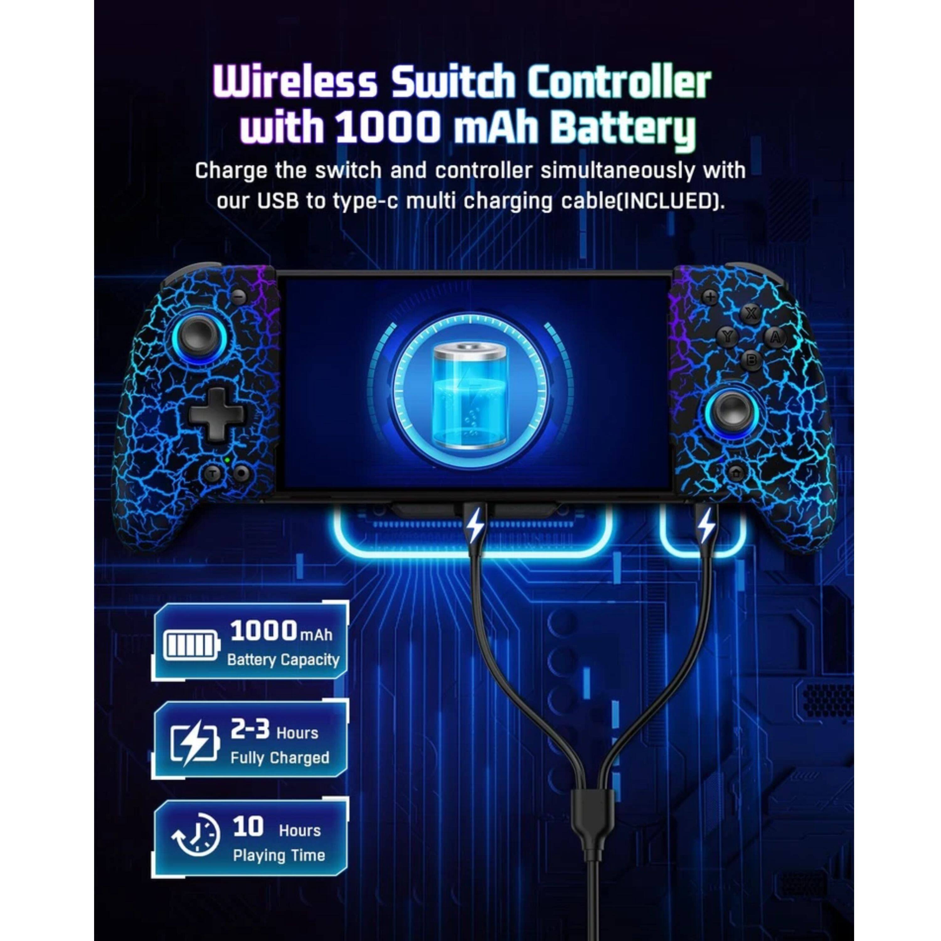 Wireless Switch Controller with 1000 mAh Battery

Charge the switch and controller simultaneously with our USB to type-c multi charging cable (INCLUDED).

- 1000 mAh Battery Capacity
- 2-3 Hours Fully Charged
- 10 Hours Playing Time