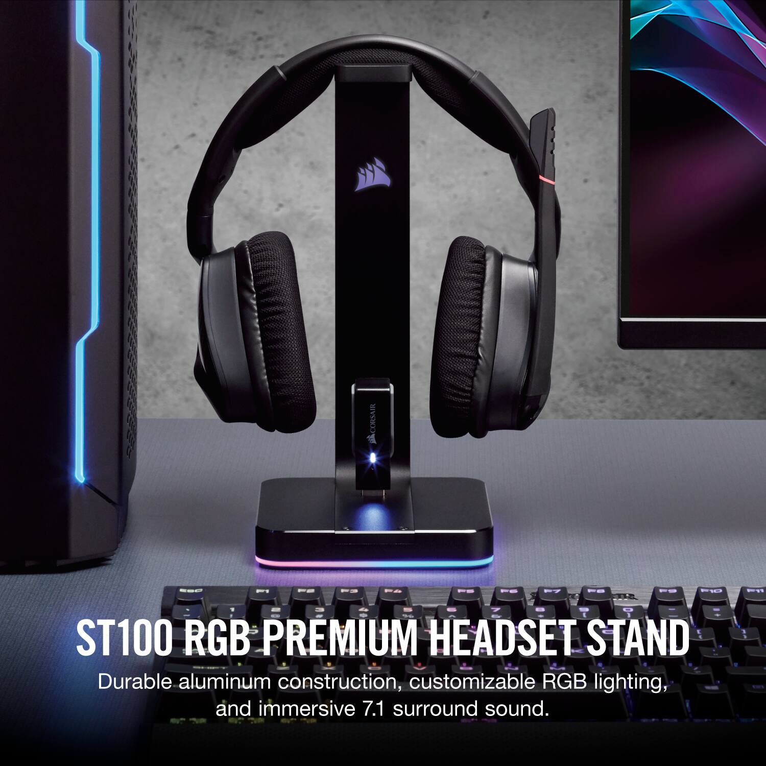 JACORSAIR - ST100 RGB PREMIUM HEADSET STAND - Durable aluminum construction, customizable RGB lighting, and immersive 7.1 surround sound.