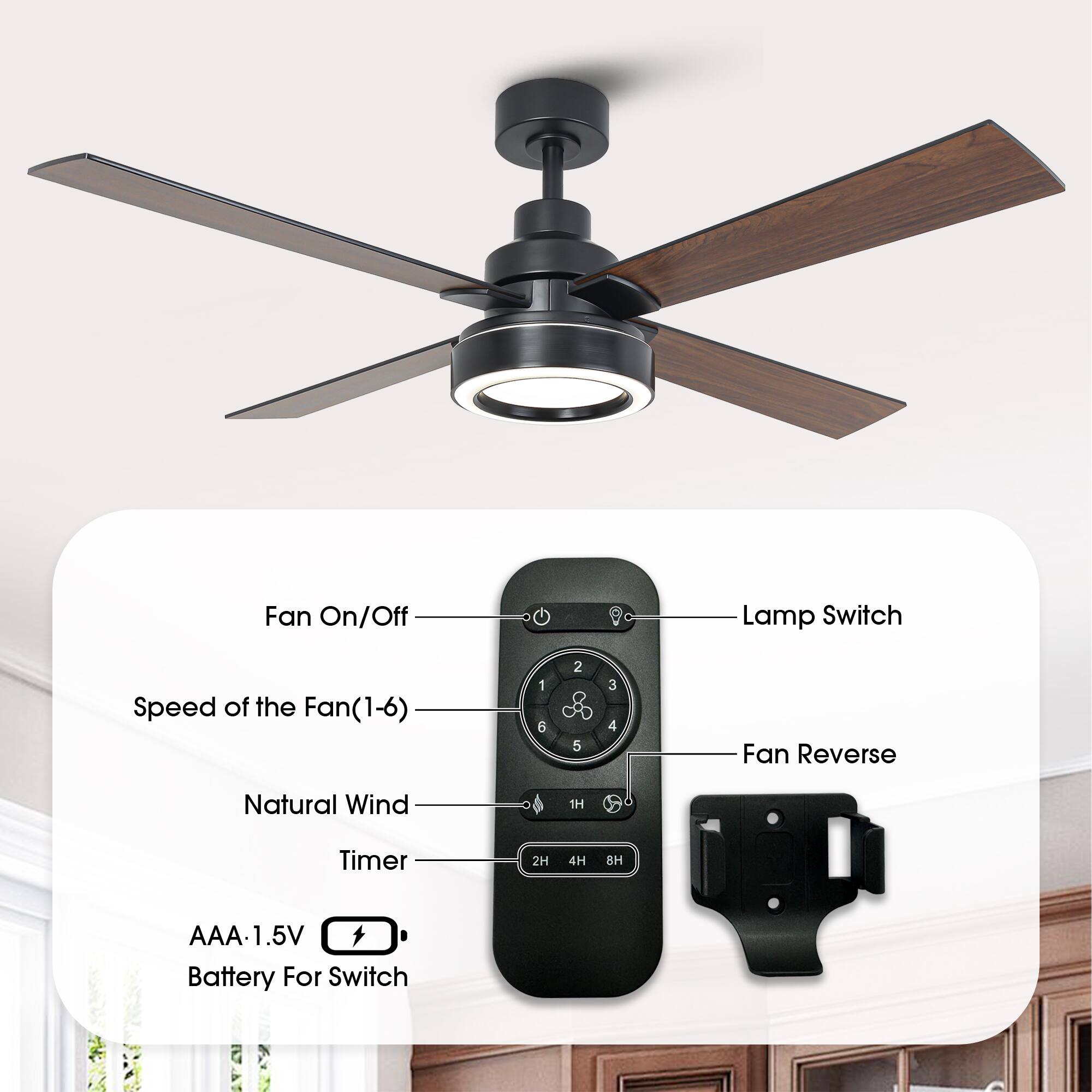 - Fan On/Off
- Speed of the Fan (1-6)
- Natural Wind
- Timer (1H, 2H, 4H, 8H)
- Lamp Switch
- Fan Reverse
- AAA 1.5V Battery For Switch