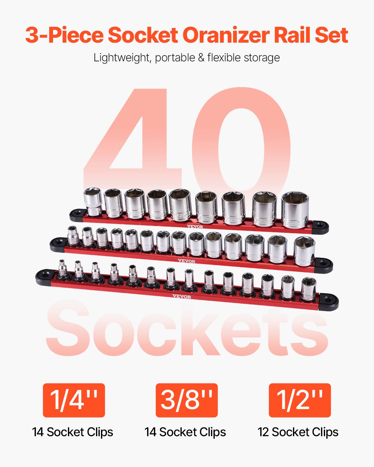 3-Piece Socket Organizer Rail Set  
Lightweight, portable & flexible storage  

40 Sockets  

1/4"  
14 Socket Clips  

3/8"  
14 Socket Clips  

1/2"  
12 Socket Clips