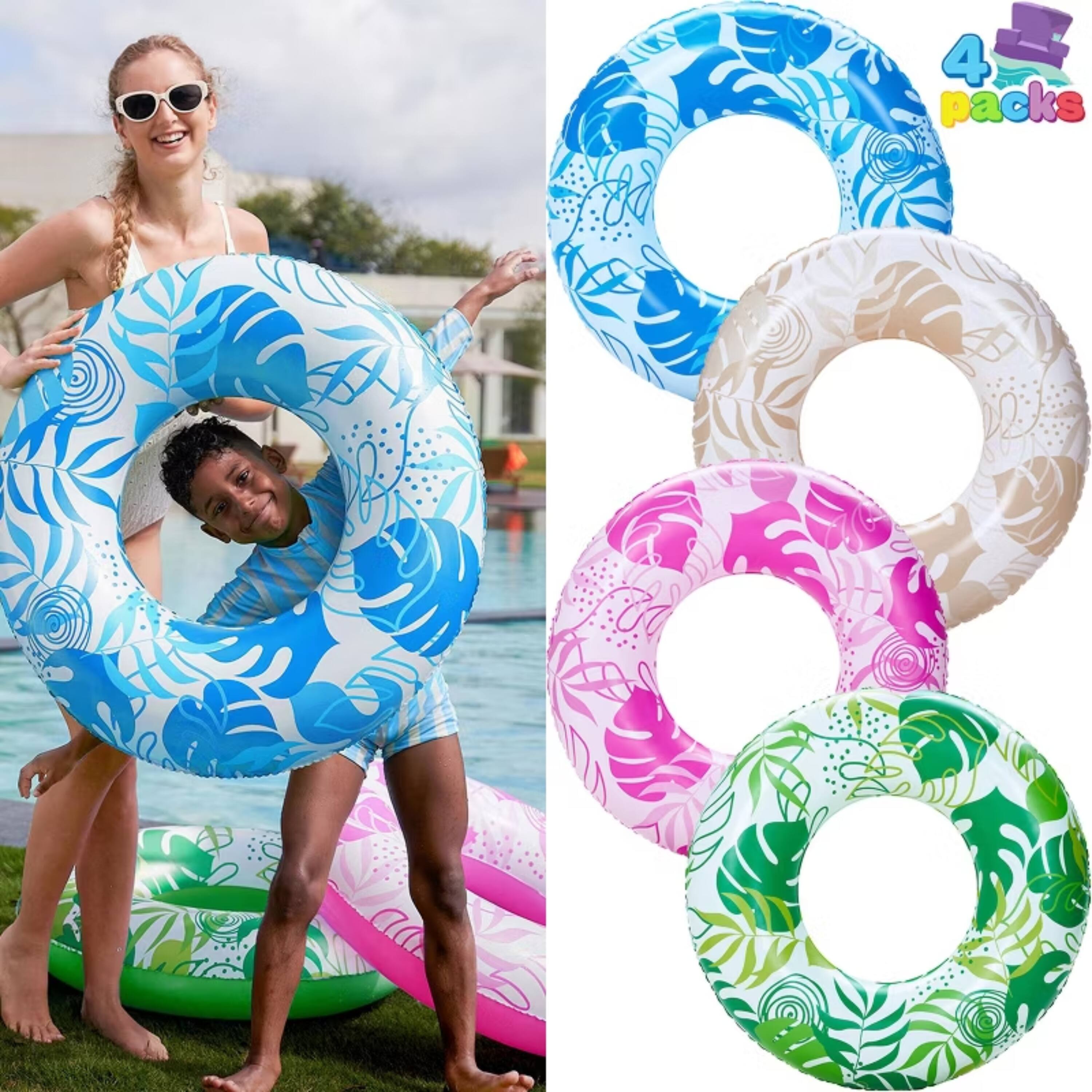 Front. Joyfy - 4 Packs Inflatable Pool Float, Swimming Pool Tube for Kids Adults, Tropical Leaves Floatie Ring Water Toys Summer Beach.