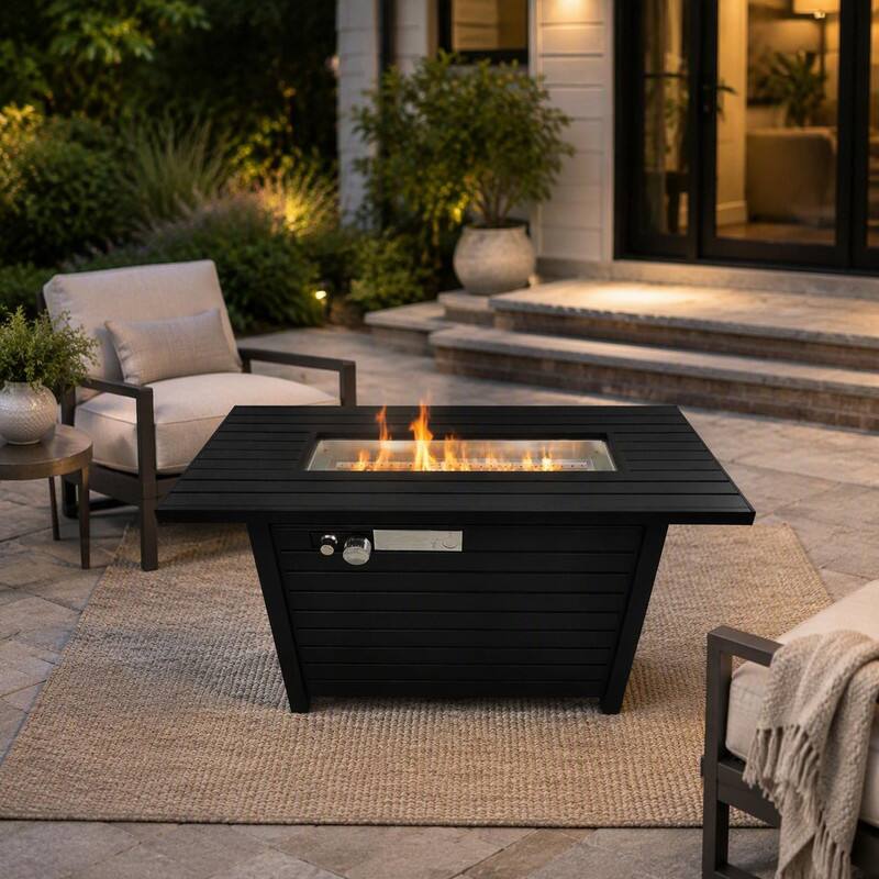 Alt View 1. RYHNUYNE - Outdoor Black Steel Fire Pit Table with Lid, 42"W x 25" H Rectangular Fire Table for Garden Deck Patio - Black.