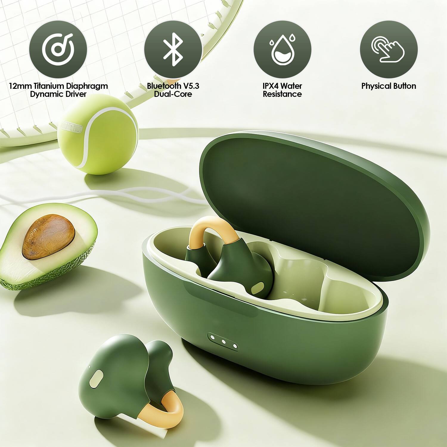 12mm Titanium Diaphragm Dynamic Driver  
Bluetooth V5.3 Dual-Core  
IPX4 Water Resistance  
Physical Button