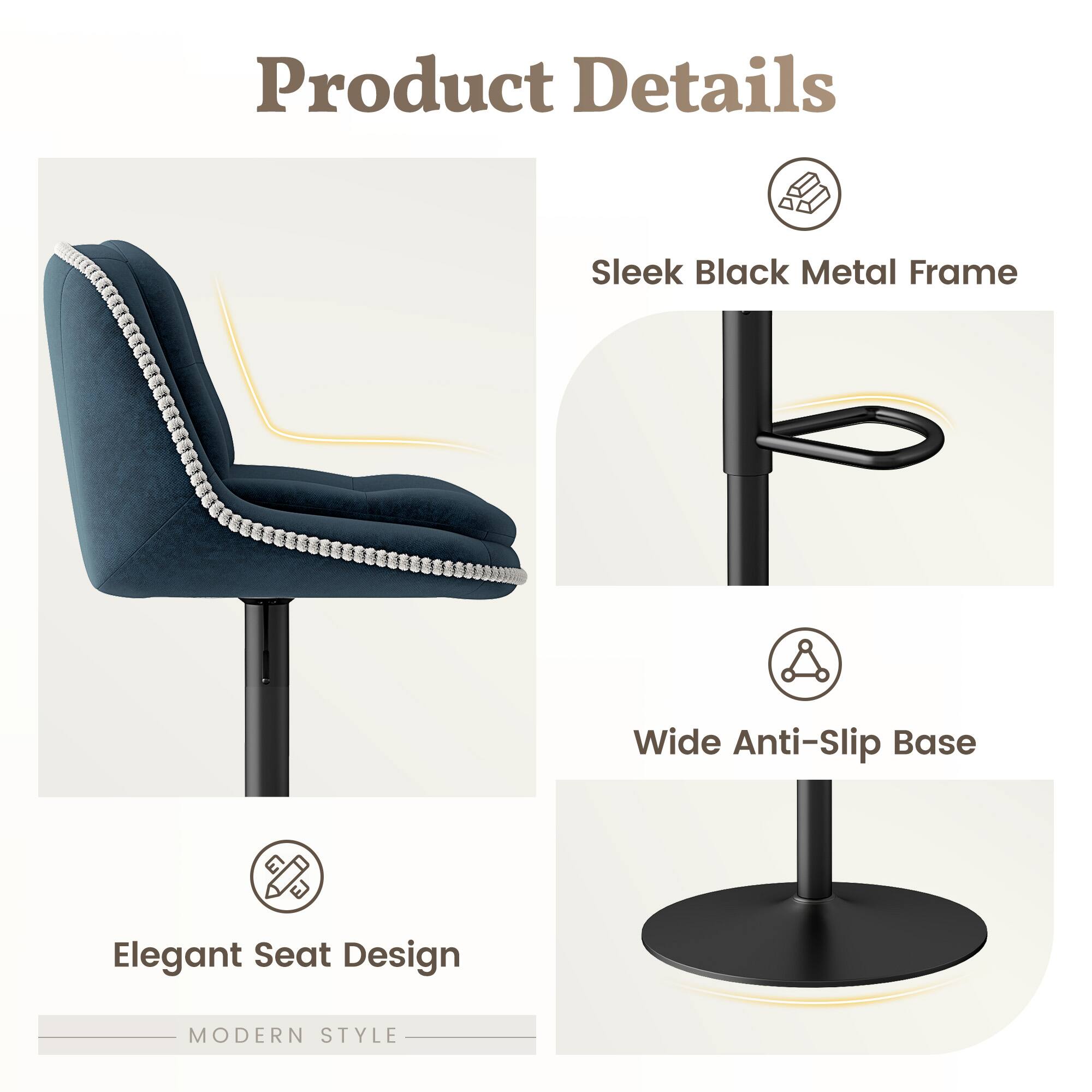 Product Details

- Sleek Black Metal Frame
- Wide Anti-Slip Base
- Elegant Seat Design

MODERN STYLE