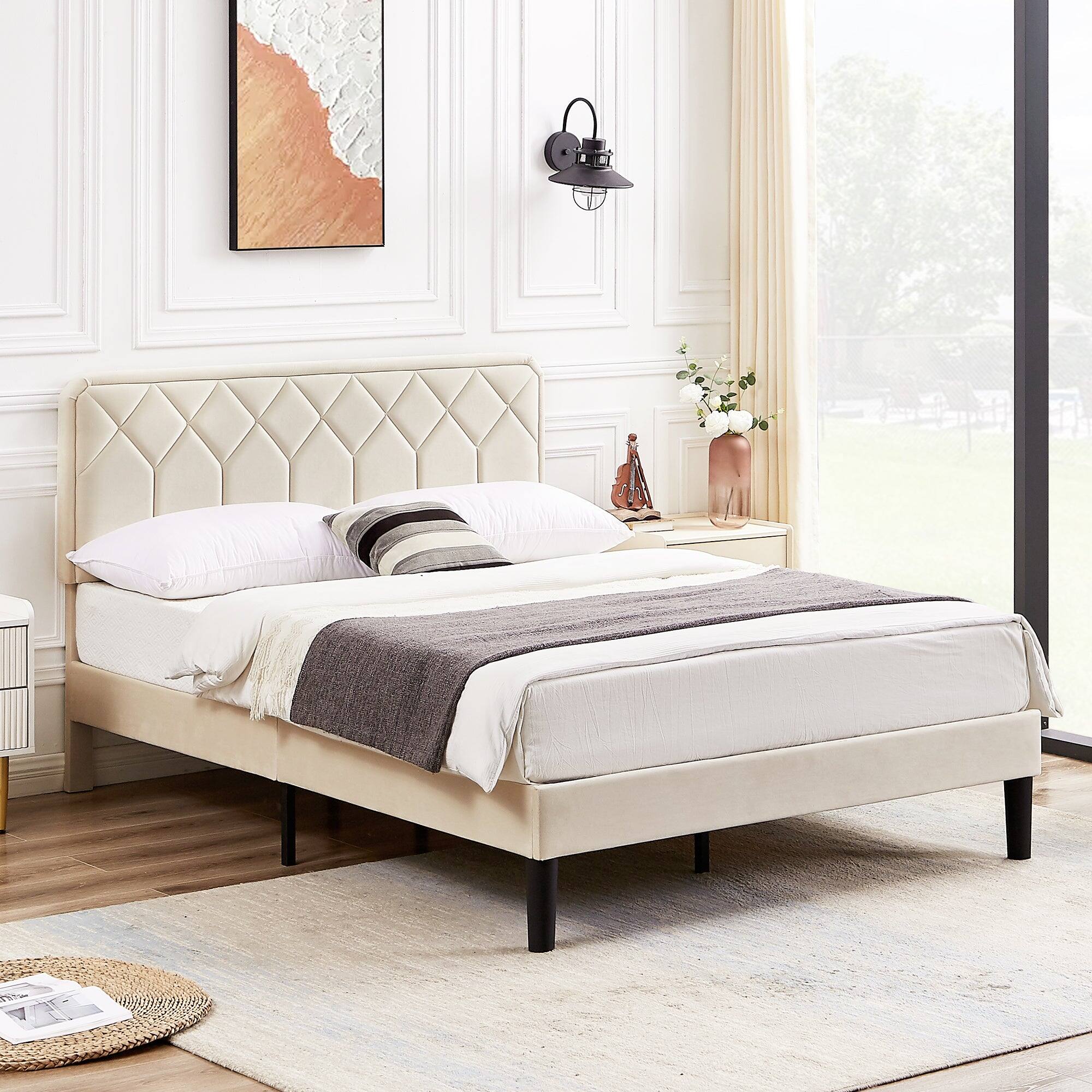 Back. Vecelo - Full Size Upholstered Bed With Adjustable Headboard And Underbed Storage - Metal Platform Bed,Quiet Design - Beige.