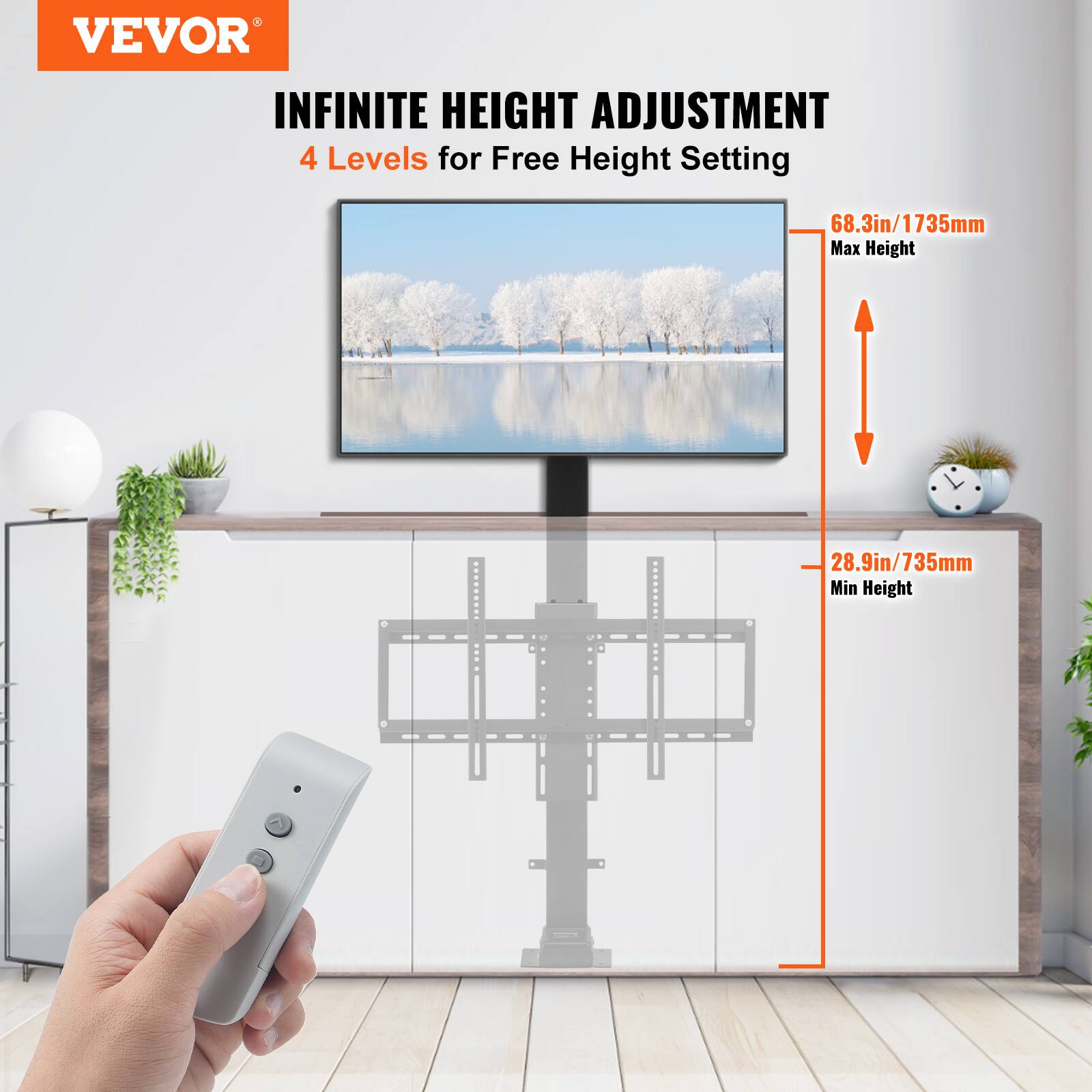 VEVOR

INFINITE HEIGHT ADJUSTMENT  
4 Levels for Free Height Setting

68.3in / 1735mm  
Max Height

28.9in / 735mm  
Min Height