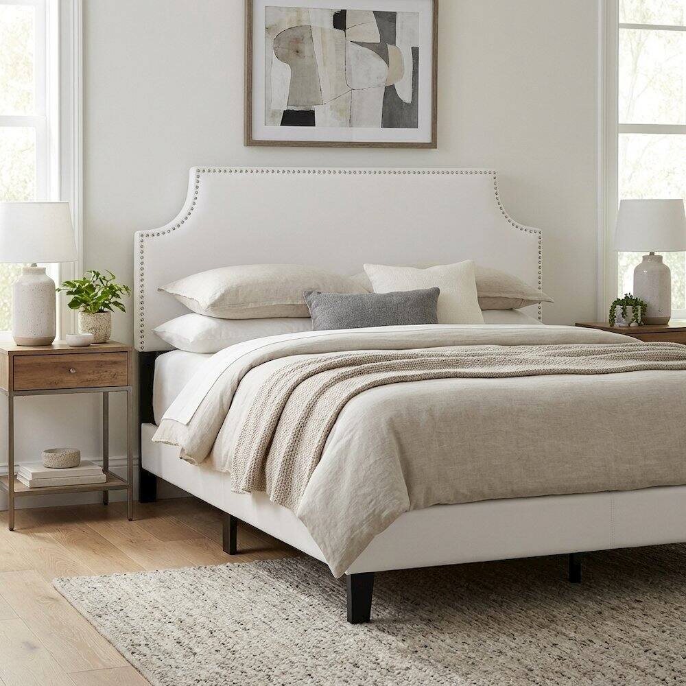 Left. FurniFact - Upholstered Vinyl Queen Headboard in Neutral Tone with Durable Padding - White.