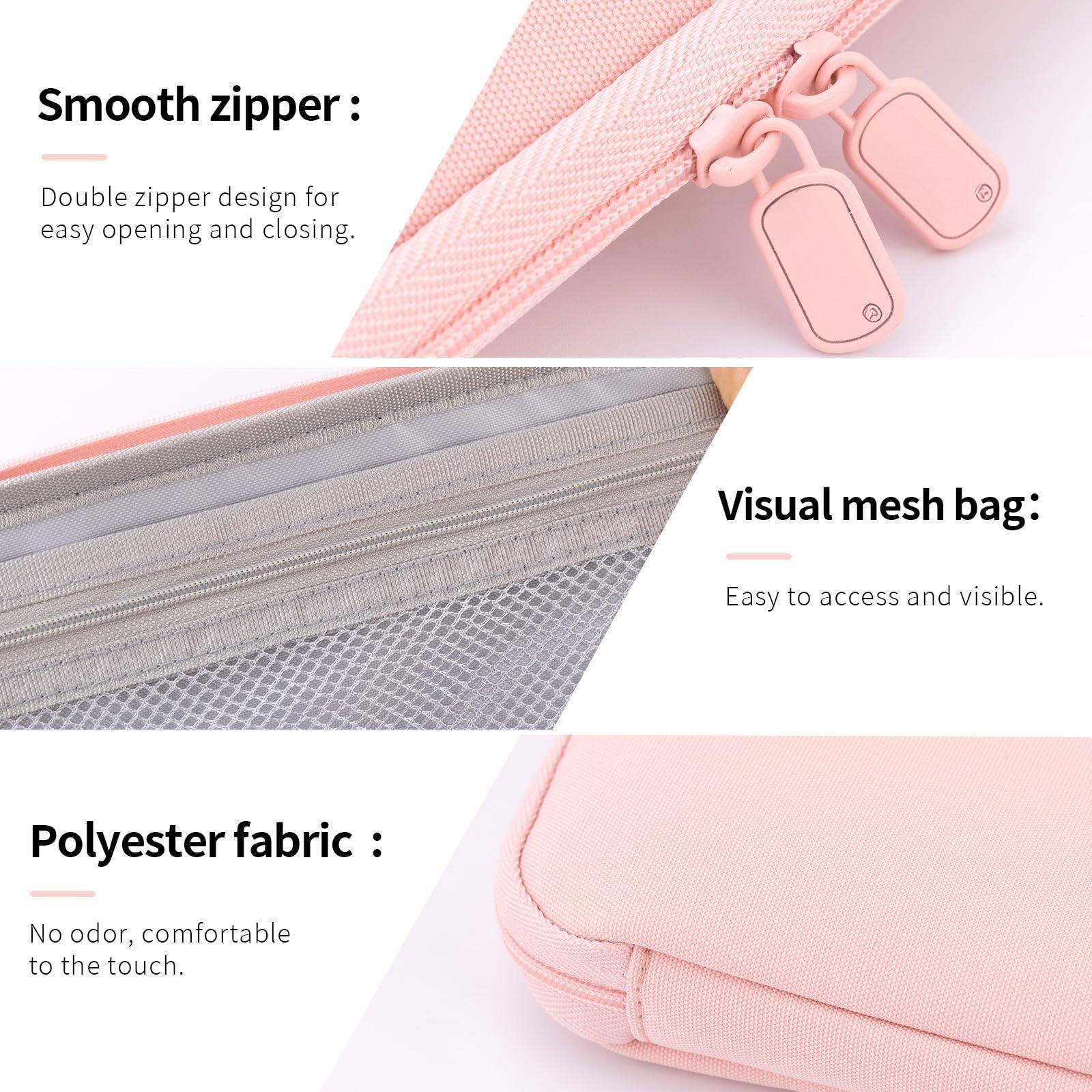 Smooth zipper:  
Double zipper design for easy opening and closing.

Visual mesh bag:  
Easy to access and visible.

Polyester fabric:  
No odor, comfortable to the touch.