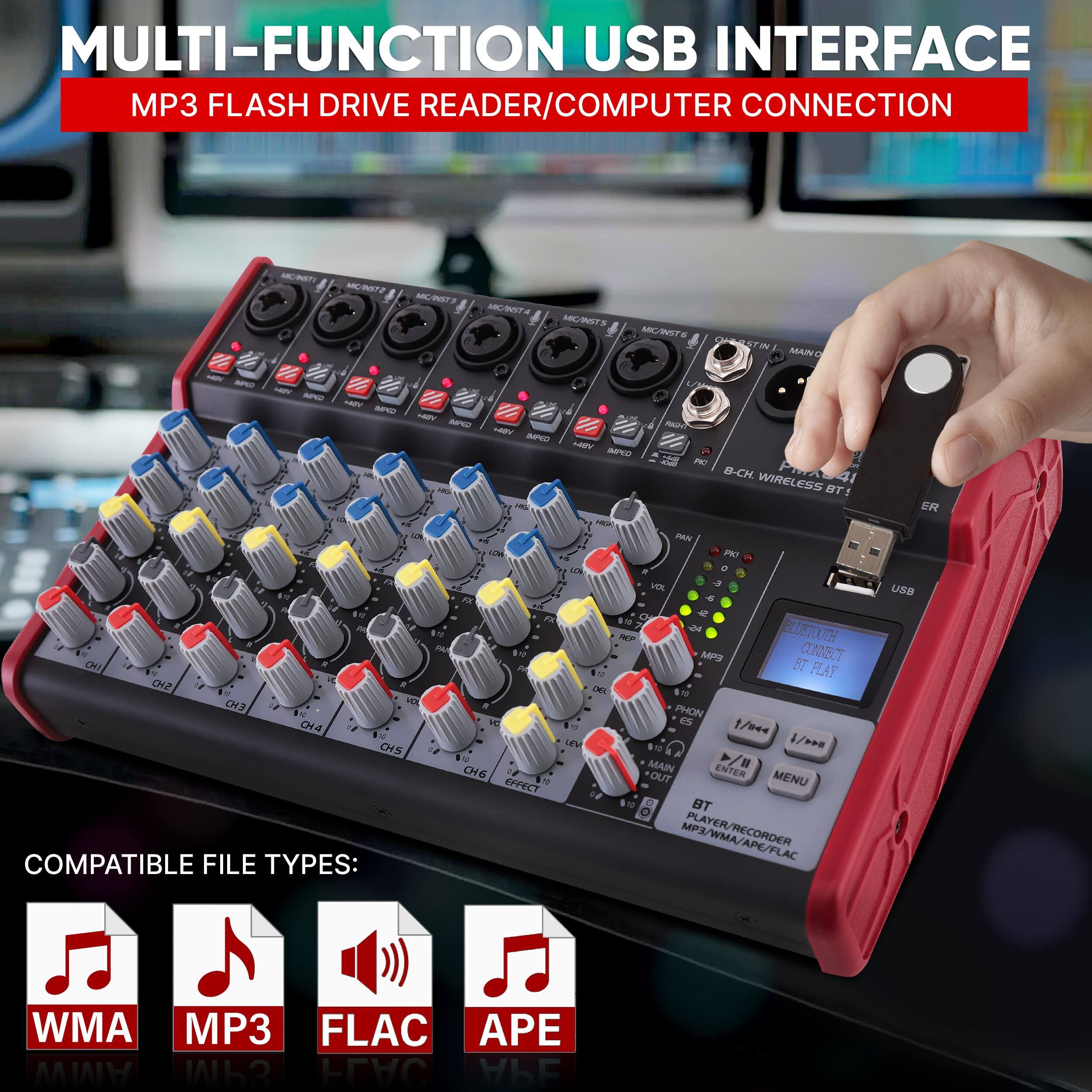 MULTI-FUNCTION USB INTERFACE  
MP3 FLASH DRIVE READER/COMPUTER CONNECTION  

COMPATIBLE FILE TYPES:  
WMA MP3 FLAC APE  

BT PLAYER/RECORDER MP3/WMA/APE/FLAC