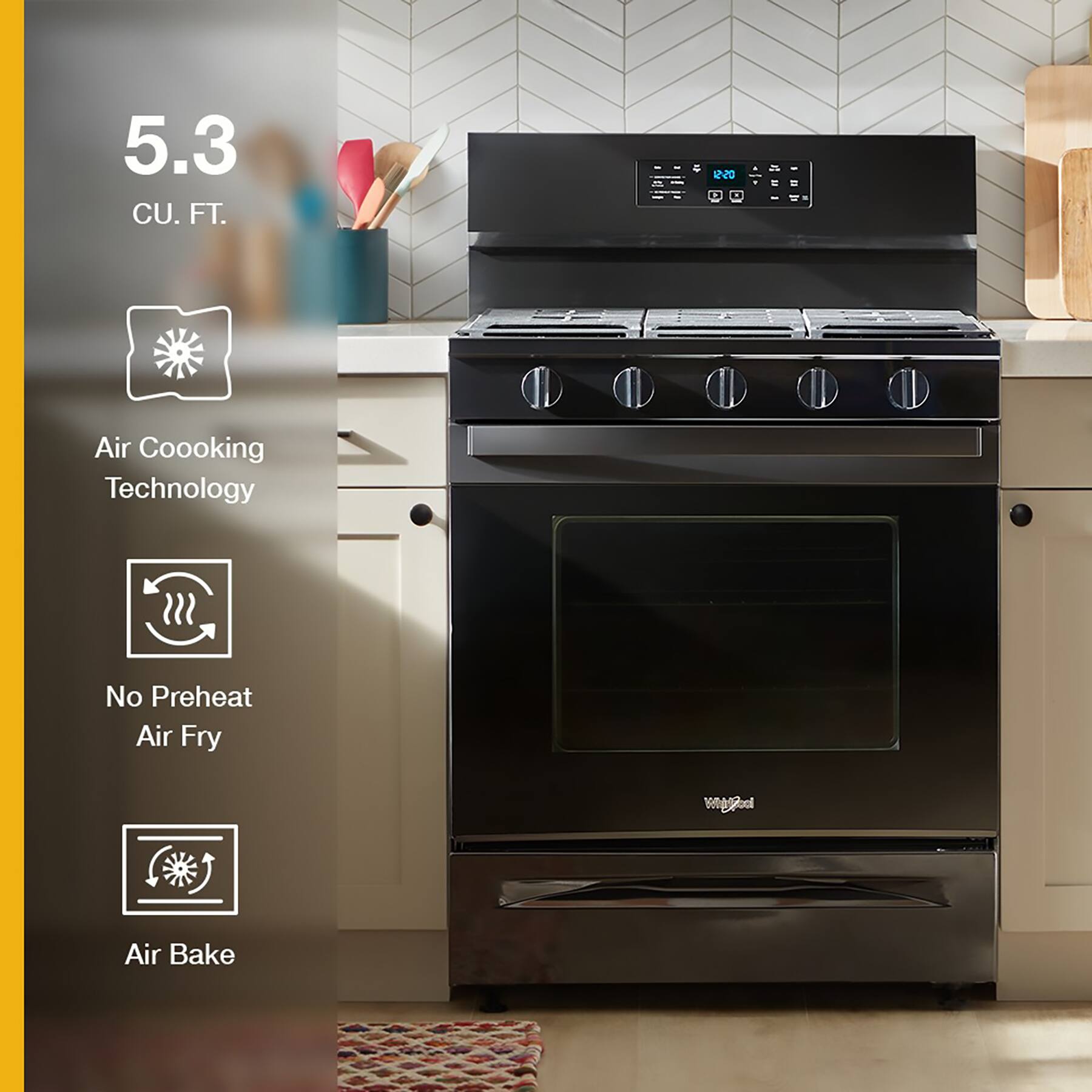 The text on the image reads: "5.3 CU. FT. 2N0 - - - Air Cooking Technology No Preheat Air Fry wogbal Air Bake." This text is grouped and corrected as follows:
"5.3 CU. FT. Air Cooking Technology No Preheat Air Fry wogbal Air Bake."