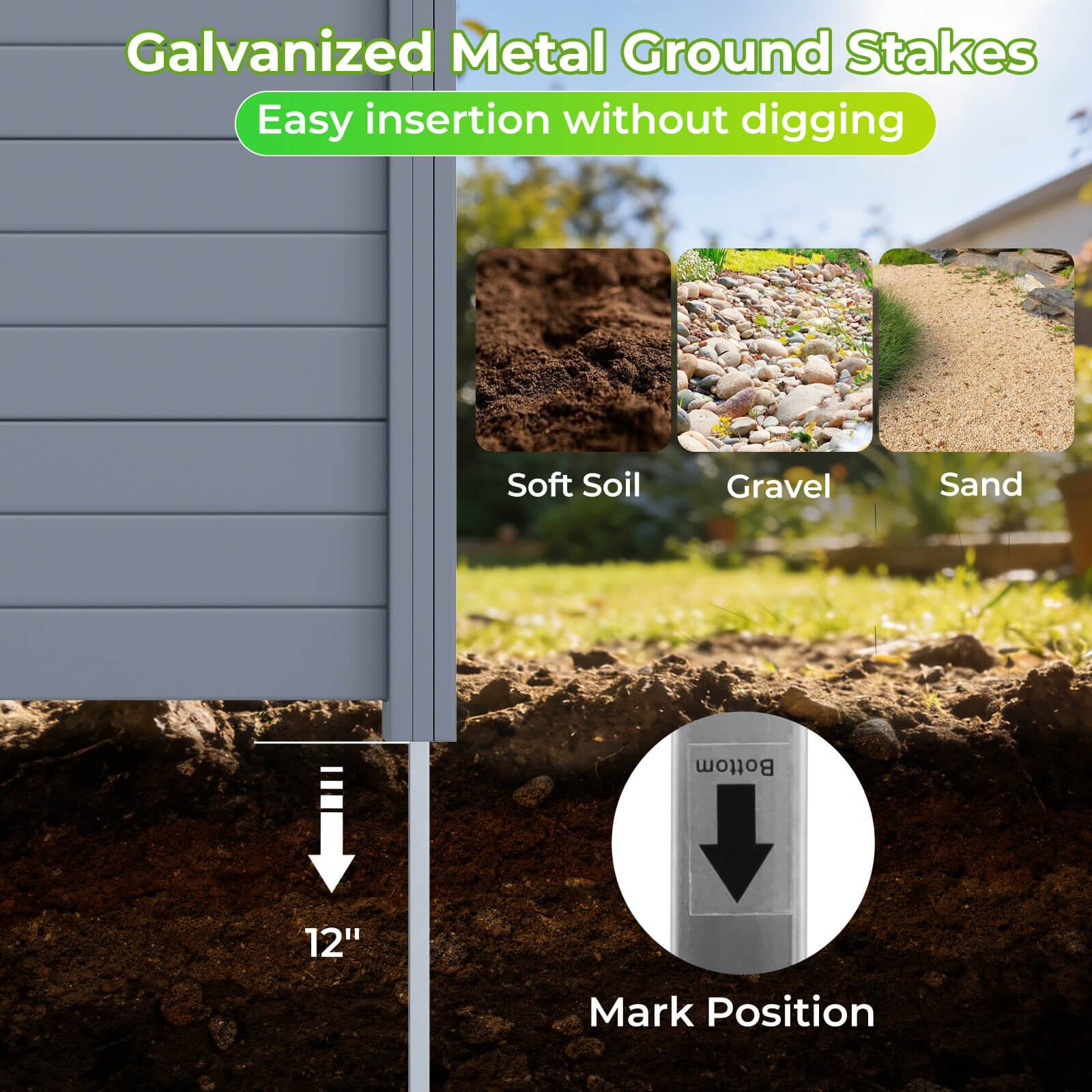 Galvanized Metal Ground Stakes  
Easy insertion without digging  

Soft Soil  
Gravel  
Sand  

12"  
Mark Position