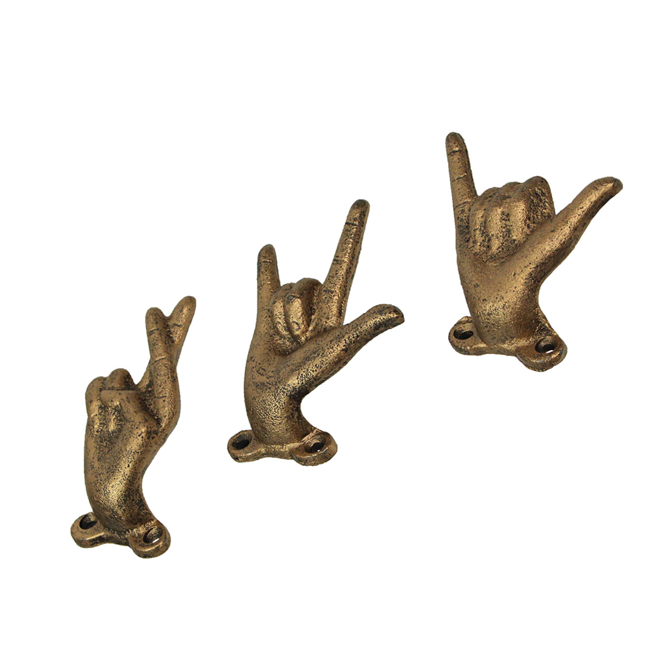 Alt View 2. Zeckos - Set of 3 Antique Gold Cast Iron Hand Gesture Wall Hooks - Yellow.