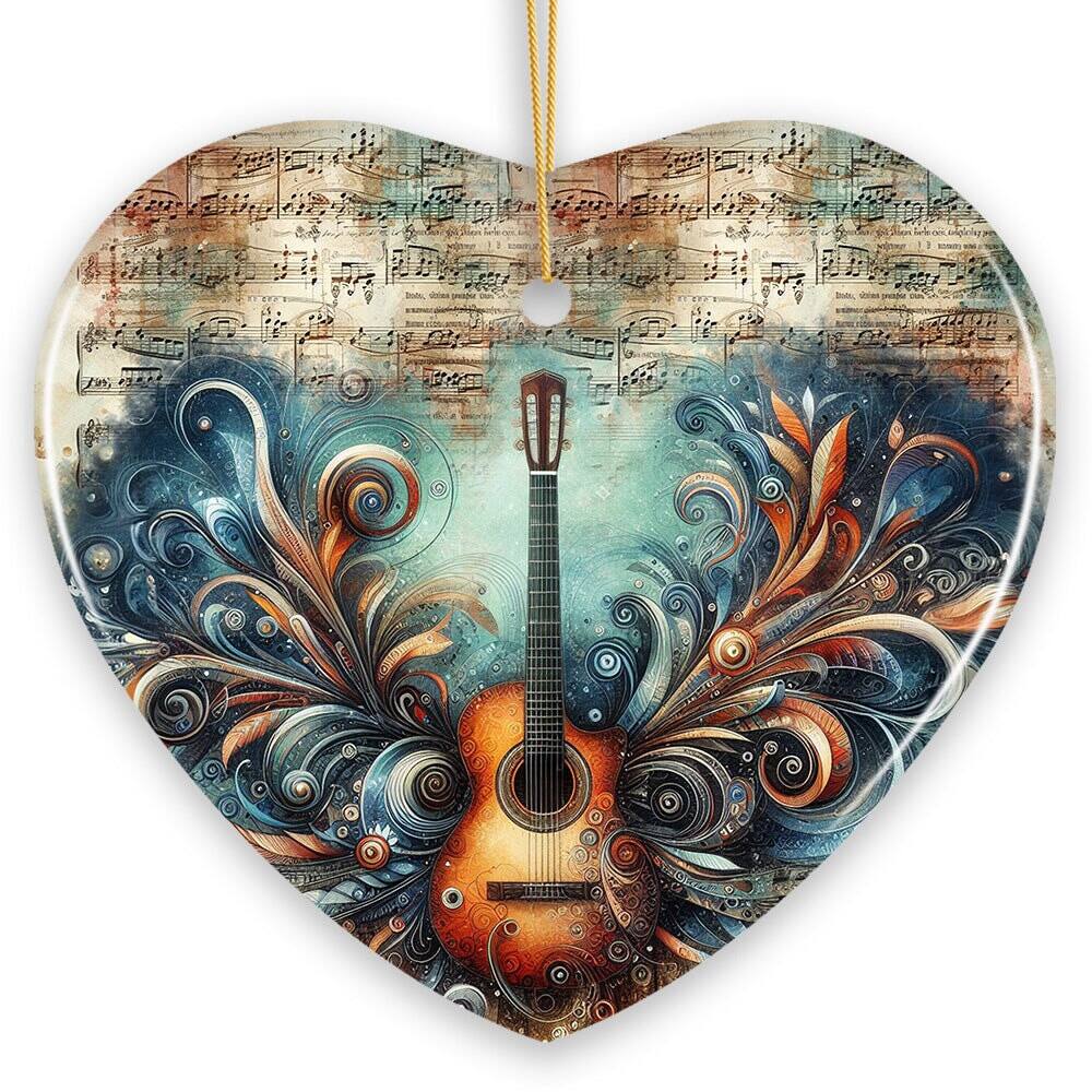 Front. OrnamentallyYou - Elegantly Artistic Guitar and Music Sheet Ornament Guitarist Musician Christmas Gift - Multi-colored.