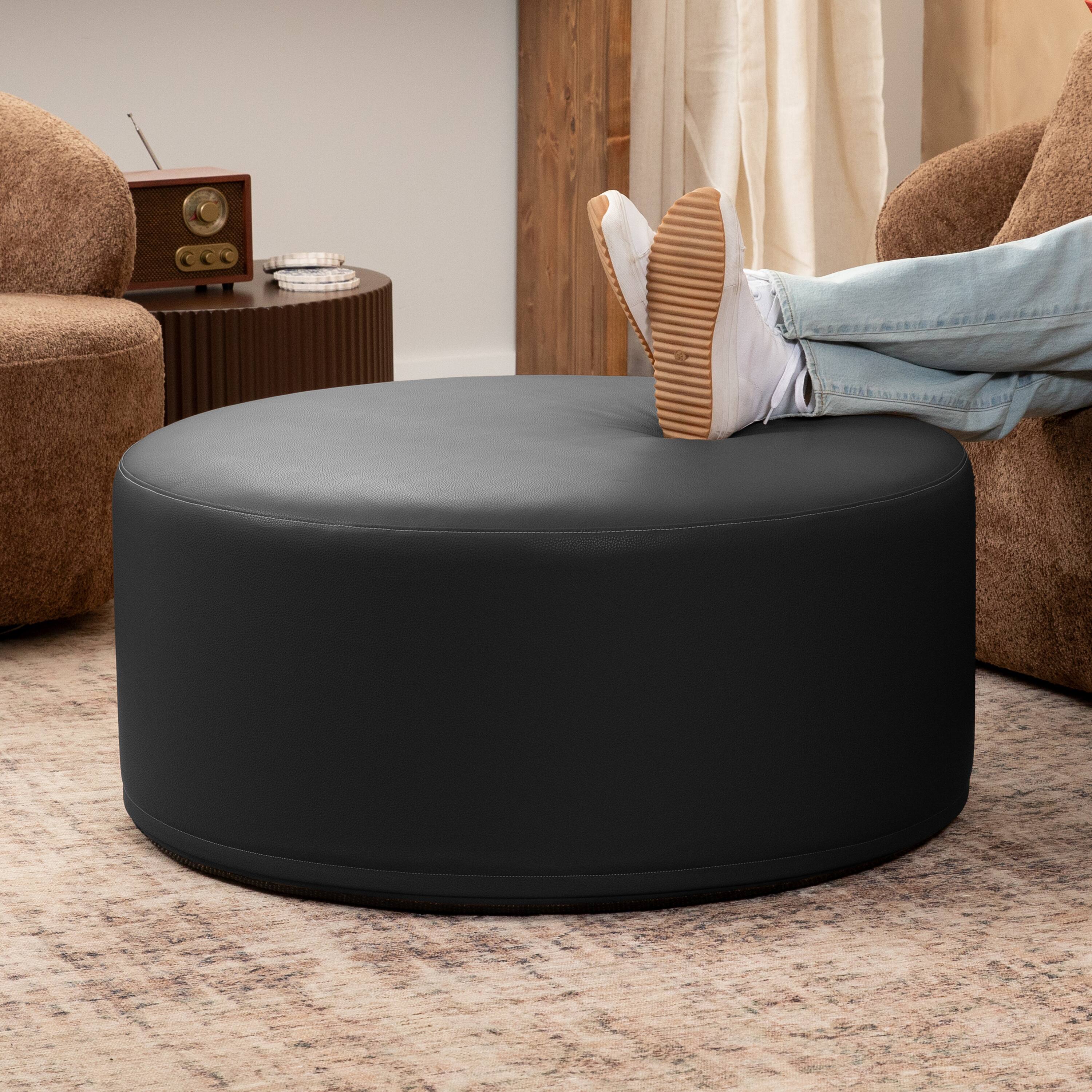 Angle. Jaxx - Jaxx Candler Round Couch Oversized Giant Coffee Table Ottoman, Kid Safe with Removable Cover, Black - Faux Leather Black.