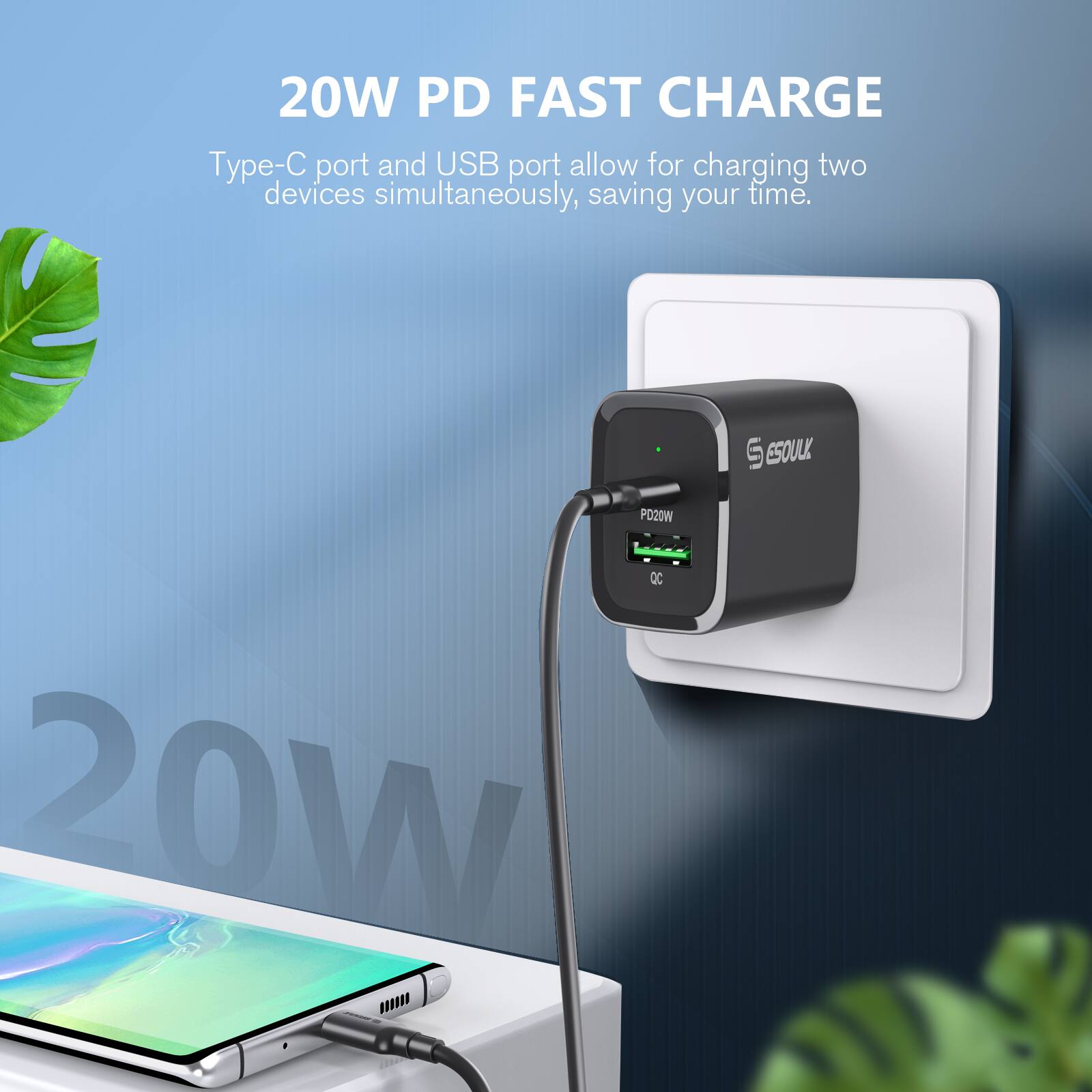 20W PD FAST CHARGE

Type-C port and USB port allow for charging two devices simultaneously, saving your time.