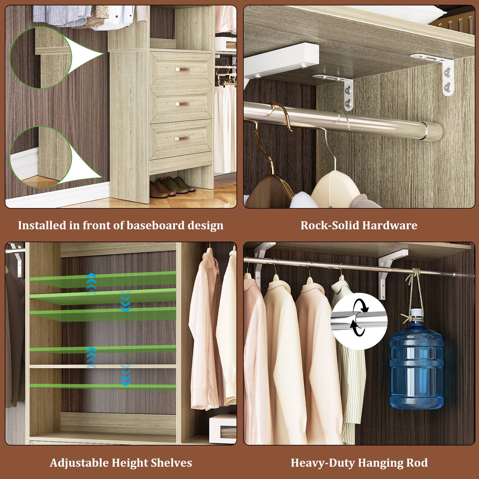 - Installed in front of baseboard design
- Rock-Solid Hardware
- Adjustable Height Shelves
- Heavy-Duty Hanging Rod