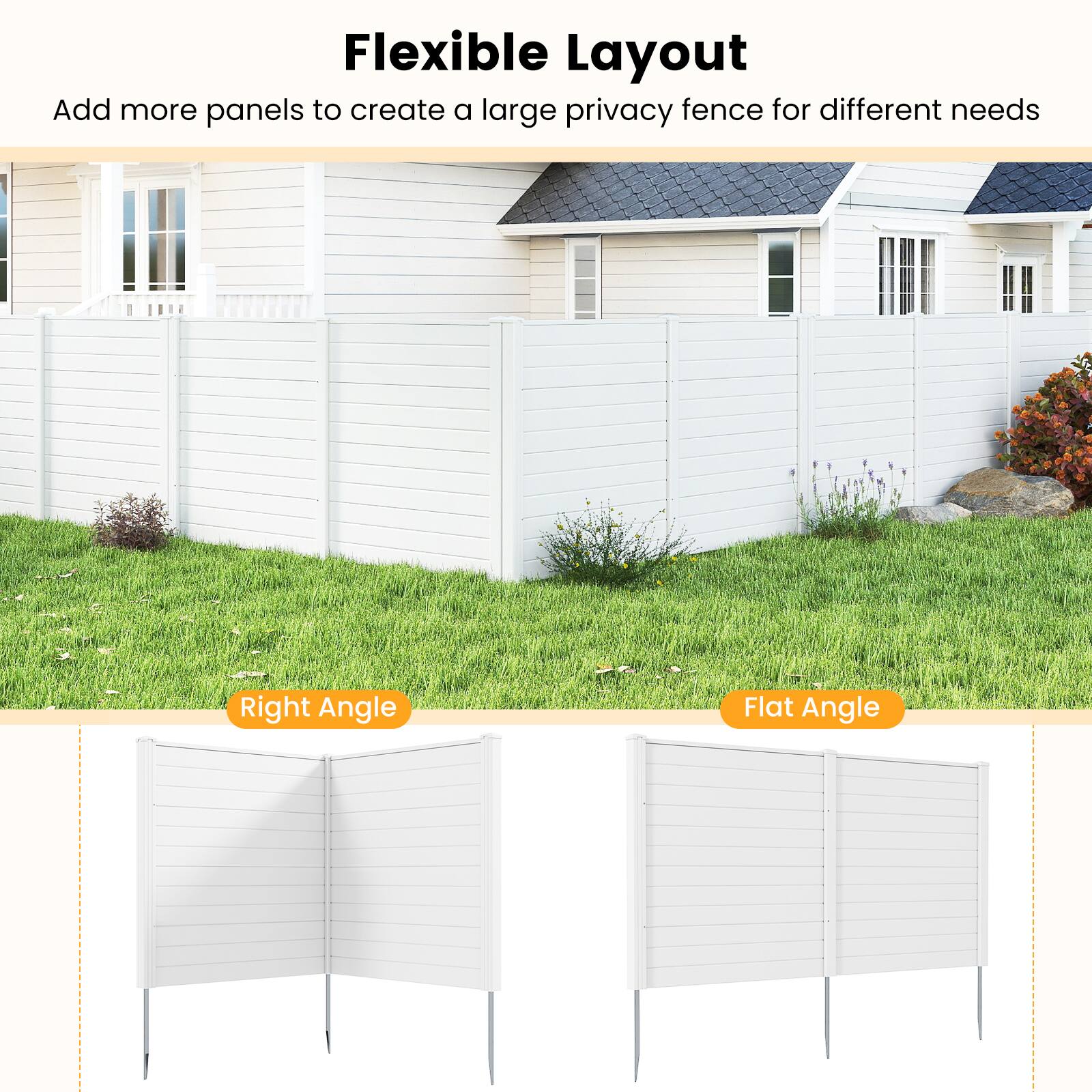 Flexible Layout  
Add more panels to create a large privacy fence for different needs  

Right Angle  
Flat Angle