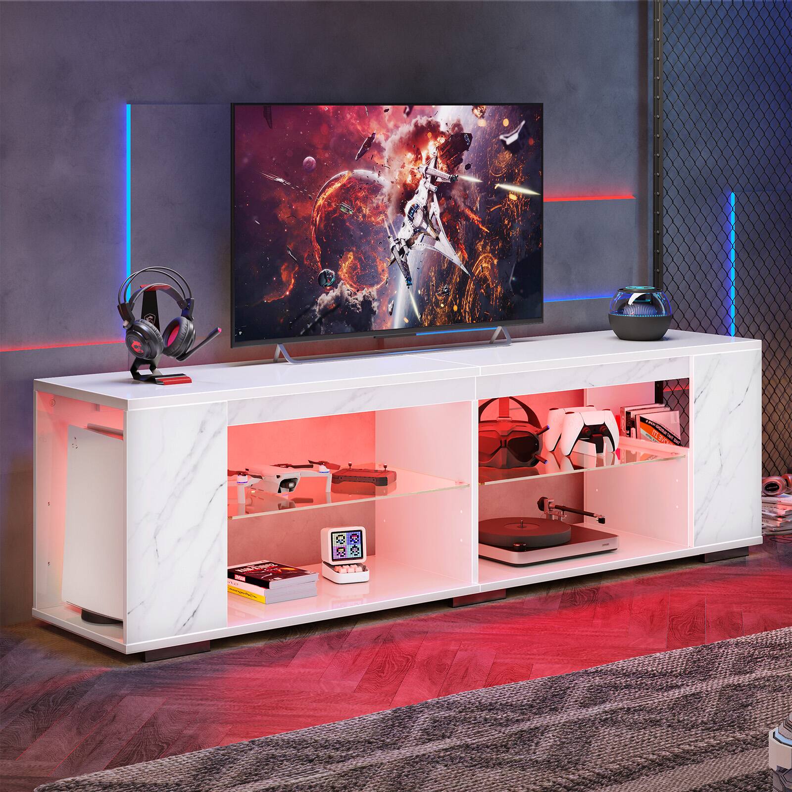 Angle. Pinmoco - Pinmoco - 80" LED Gaming TV Stand with Bookshelf & 4 Open Shelves - White - White.