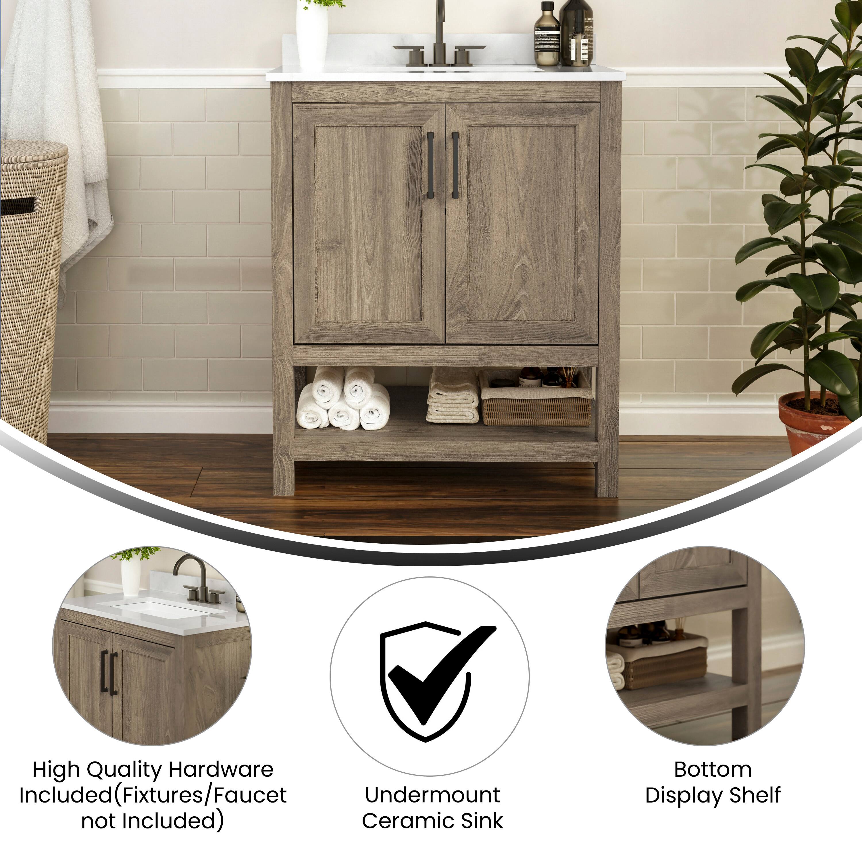 High Quality Hardware Included (Fixtures/Faucet not Included)  
Undermount Ceramic Sink  
Bottom Display Shelf