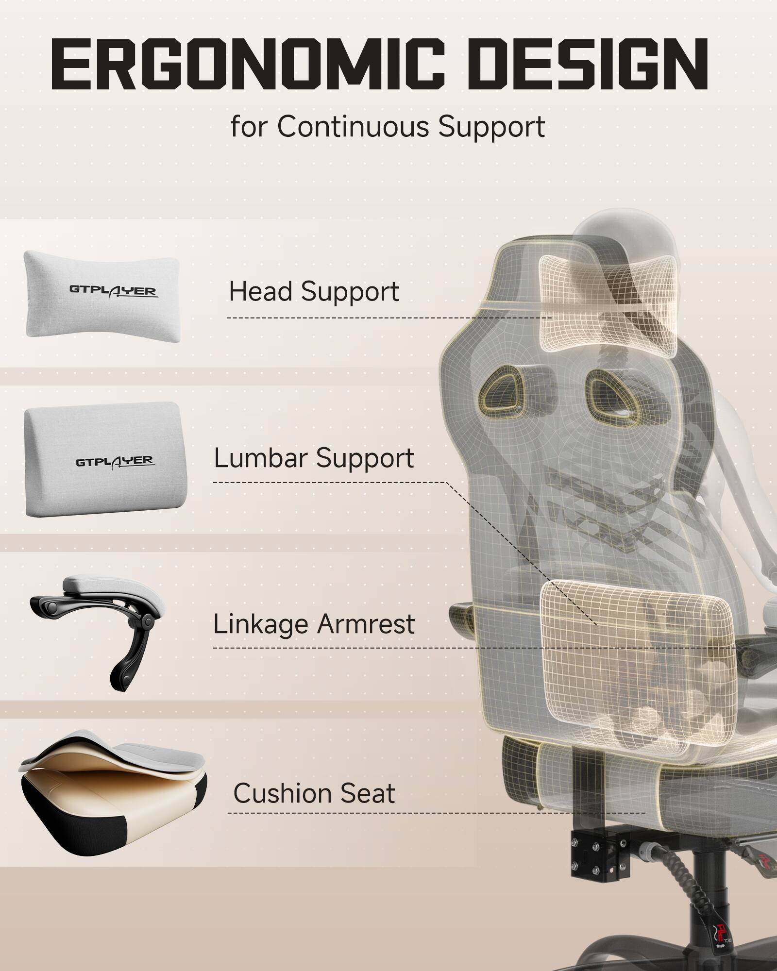 ERGONOMIC DESIGN for Continuous Support

- Head Support
- Lumbar Support
- Linkage Armrest
- Cushion Seat