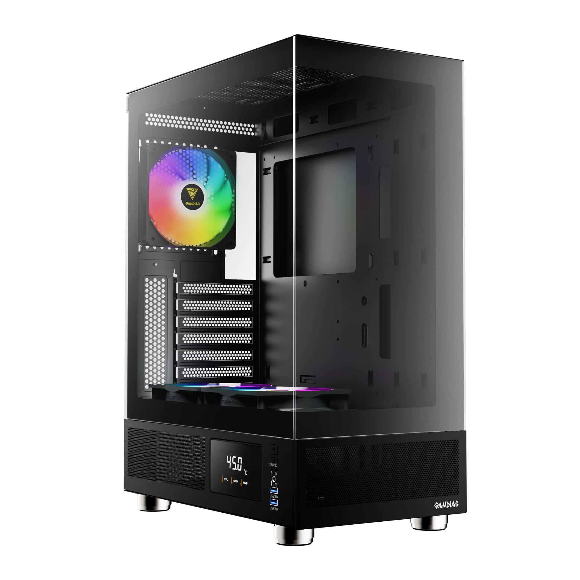 GAMDIAS - ATLAS E1 ATX pc case with CPU/GPU temperature display, Fits GPU 340mm - Black