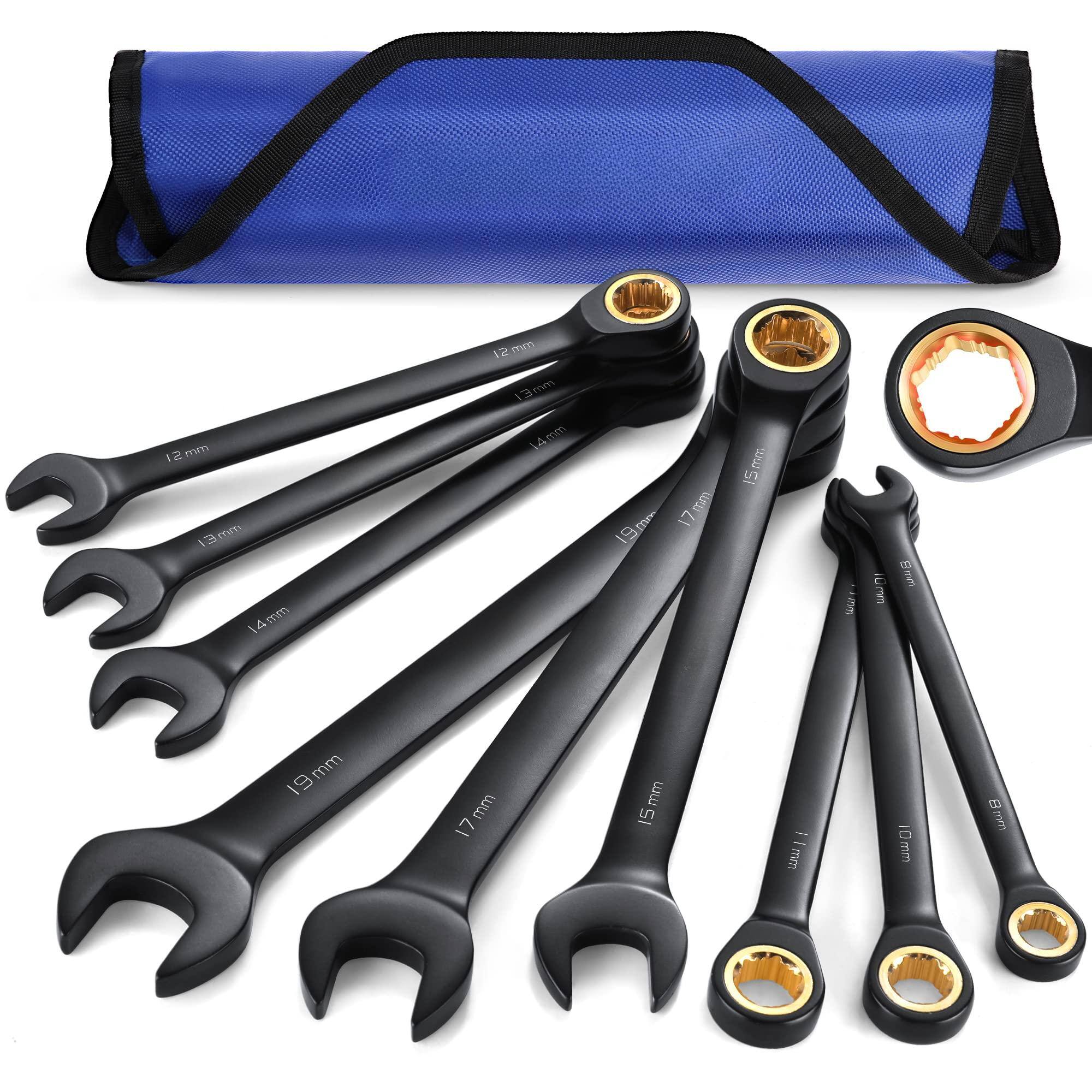 JETRANSPORT - 9-piece Anti-slip Ratcheting Combination Wrench Set 8-19 Mm 72-teeth Cr-v Constructed Black - METRIC