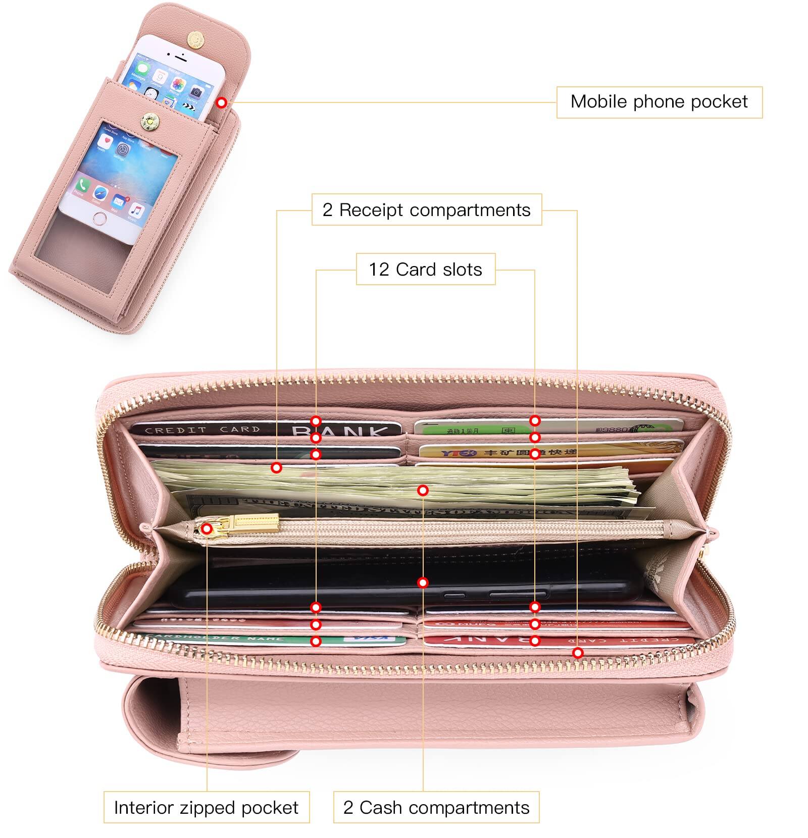 Mobile phone pocket  
2 Receipt compartments  
12 Card slots  
Interior zipped pocket  
2 Cash compartments