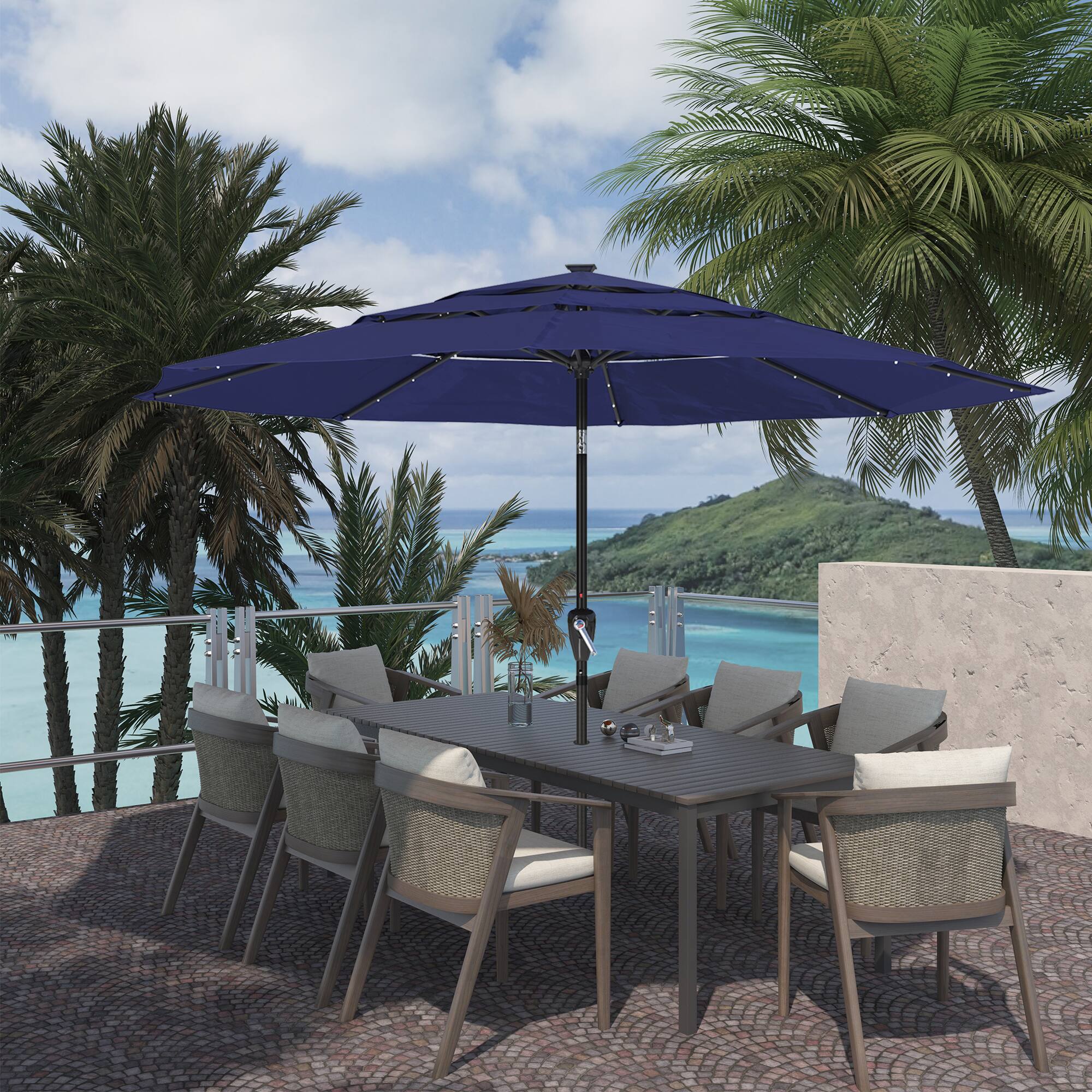 Left. Mondawe - 10ft Patio Market Umbrella Double Airvent Outdoor Umbrella with LED Lights - Navy Blue.