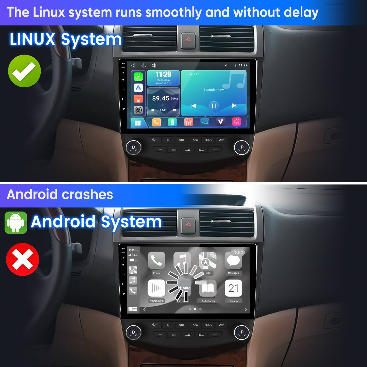 The Linux system runs smoothly and without delay  
LINUX System

Android crashes  
Android System