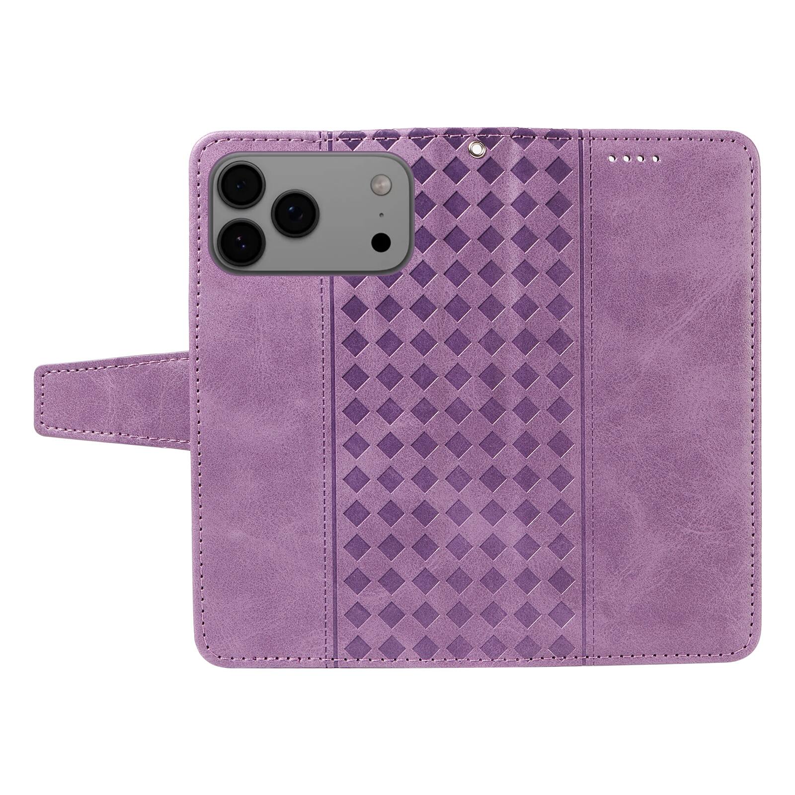 Left. Dteck - Magnetic Wallet Pocket Case For iPhone 17 Pro Max, Shockproof Faux Leather Card Pocket Wrist Strap Cover - Purple.