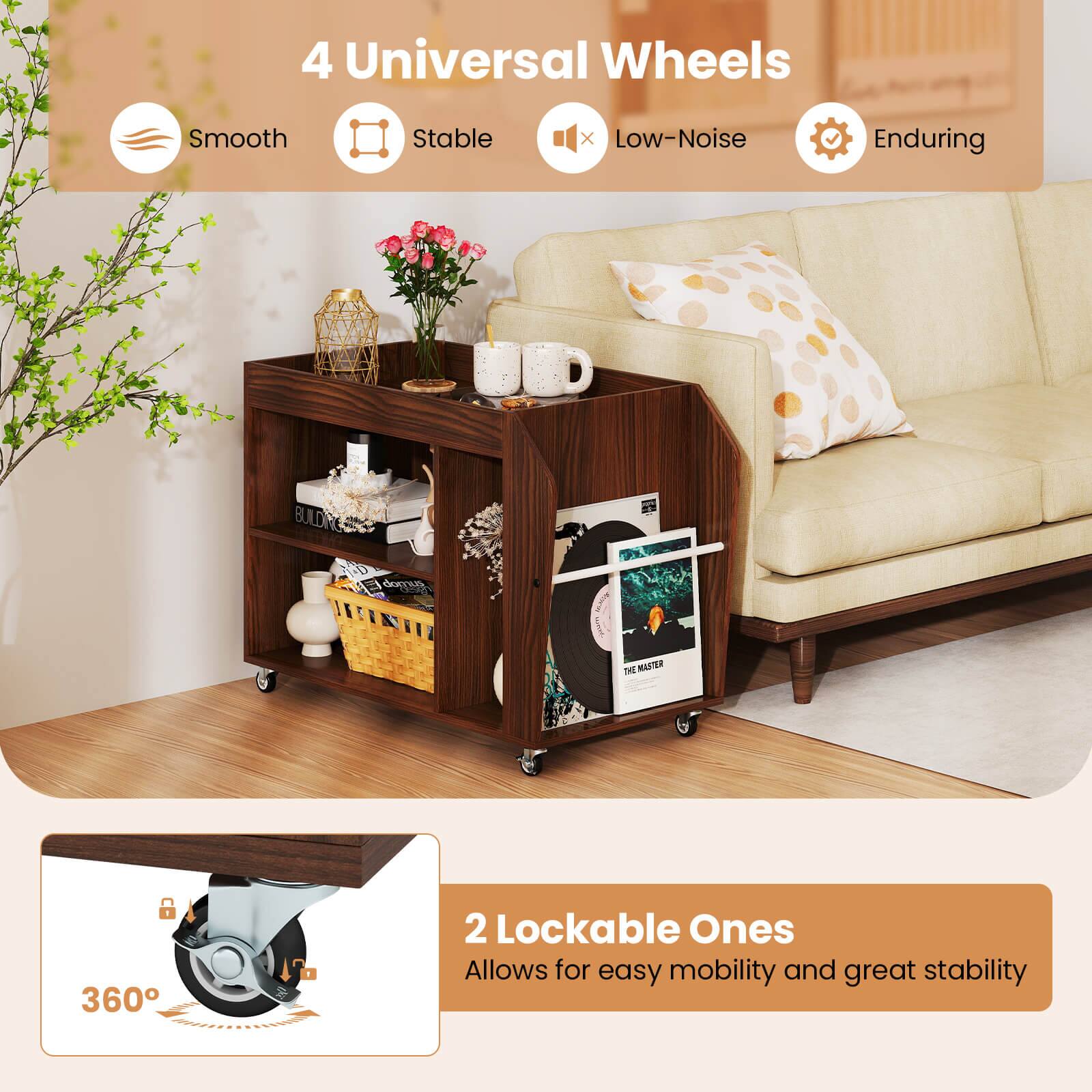 The text on the image is grouped and corrected as follows:

"4 Universal Wheels Smooth Stable x Low-Noise Enduring BULDRE A M dorn ENI T NASTER 8 360 2 Lockable Ones Allows for easy mobility and great stability."