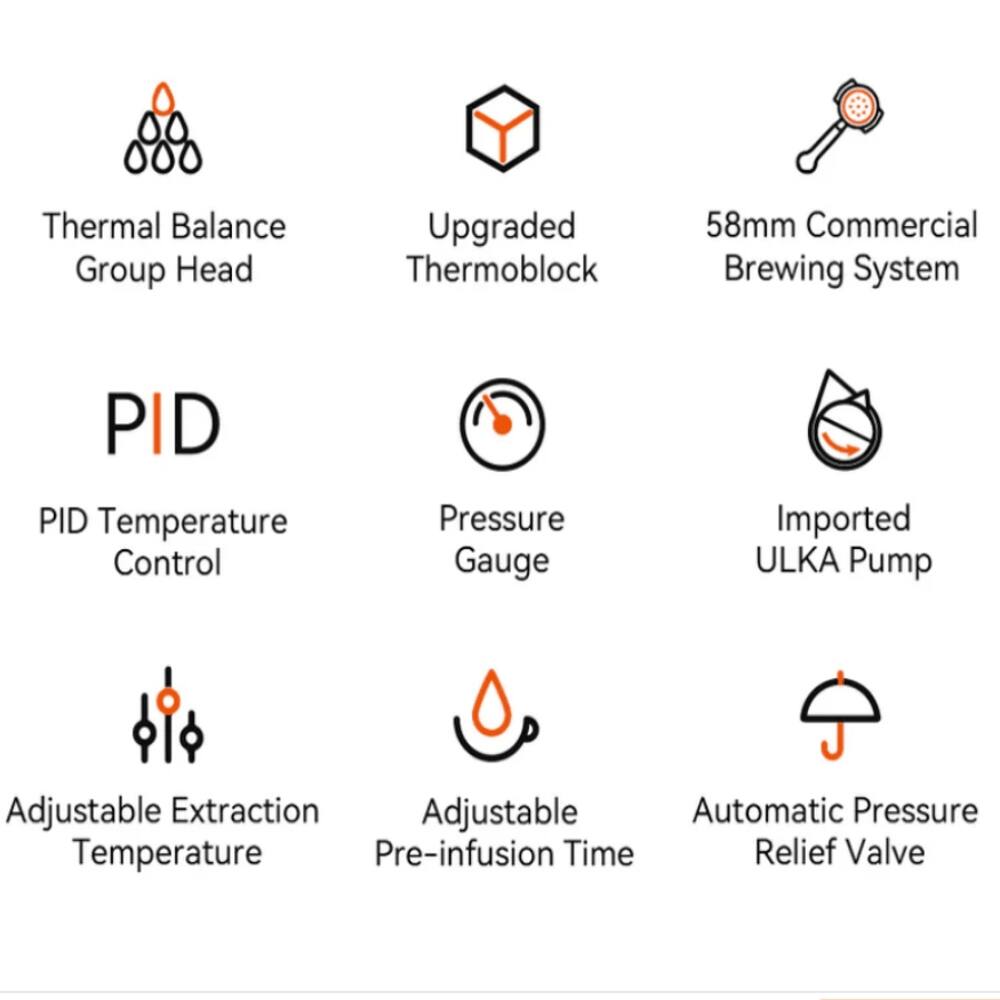Thermal Balance Group Head  
Upgraded Thermoblock  
58mm Commercial Brewing System  
PID Temperature Control  
Pressure Gauge  
Imported ULKA Pump  
Adjustable Extraction Temperature  
Adjustable Pre-infusion Time  
Automatic Pressure Relief Valve
