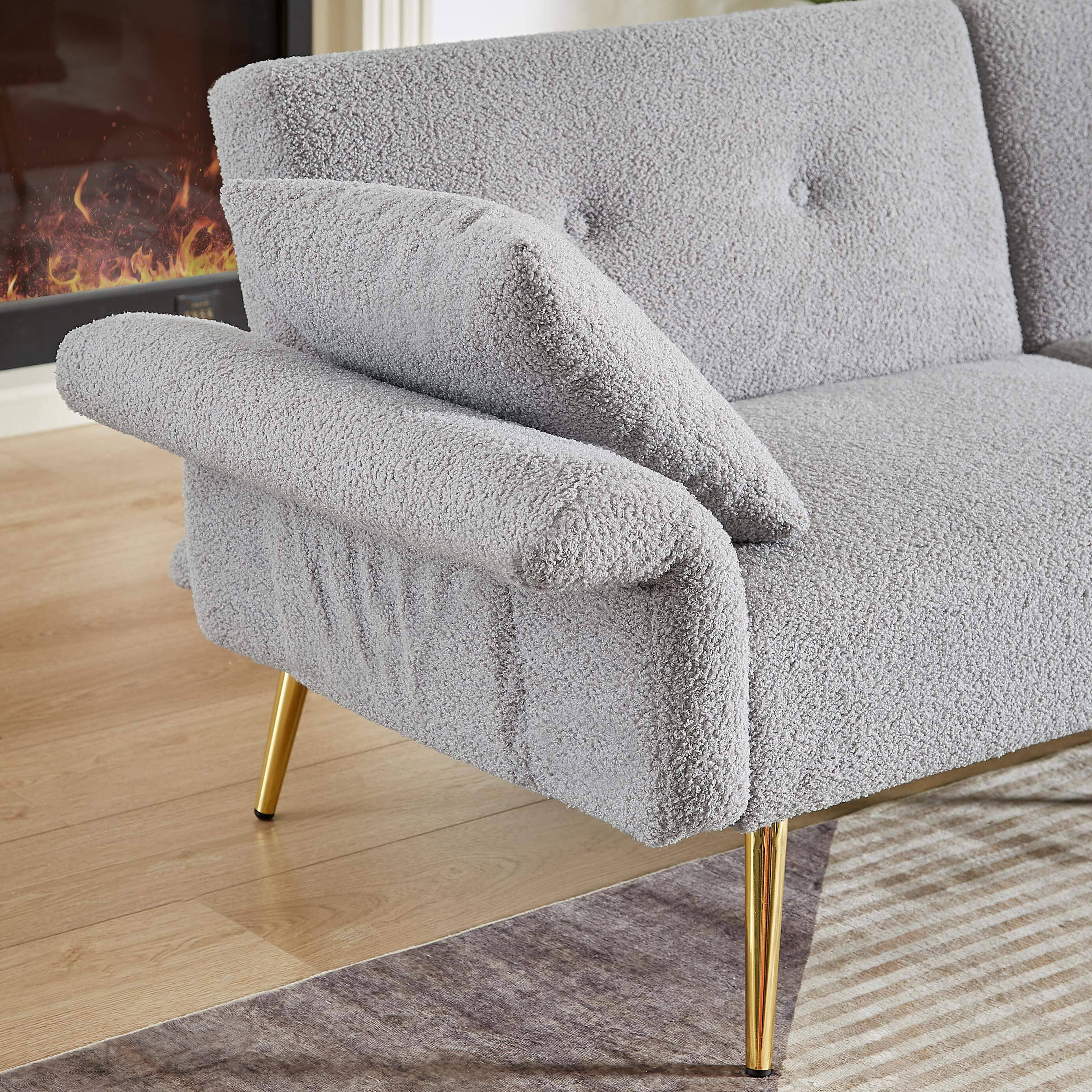Angle. Roomtec - Modern Teddy Upholstered Accent Loveseat Sofa With Side PocketFolding Sleeper Sofa Bed With Foldable Armrest Adjustable - Grey.