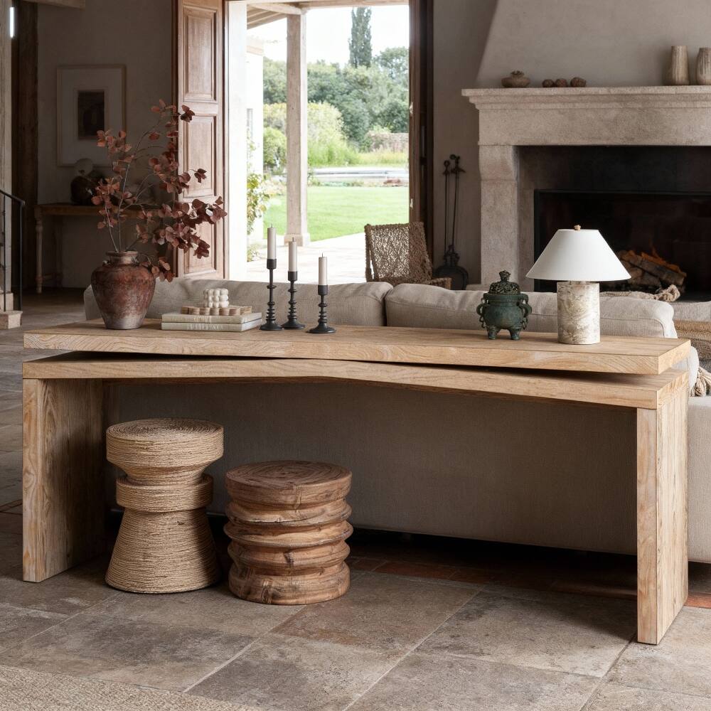 Left. Loheer - Loheer 65 inch rustic console table, long farmhouse entryway sofa table, antique natural - Antique Natural.