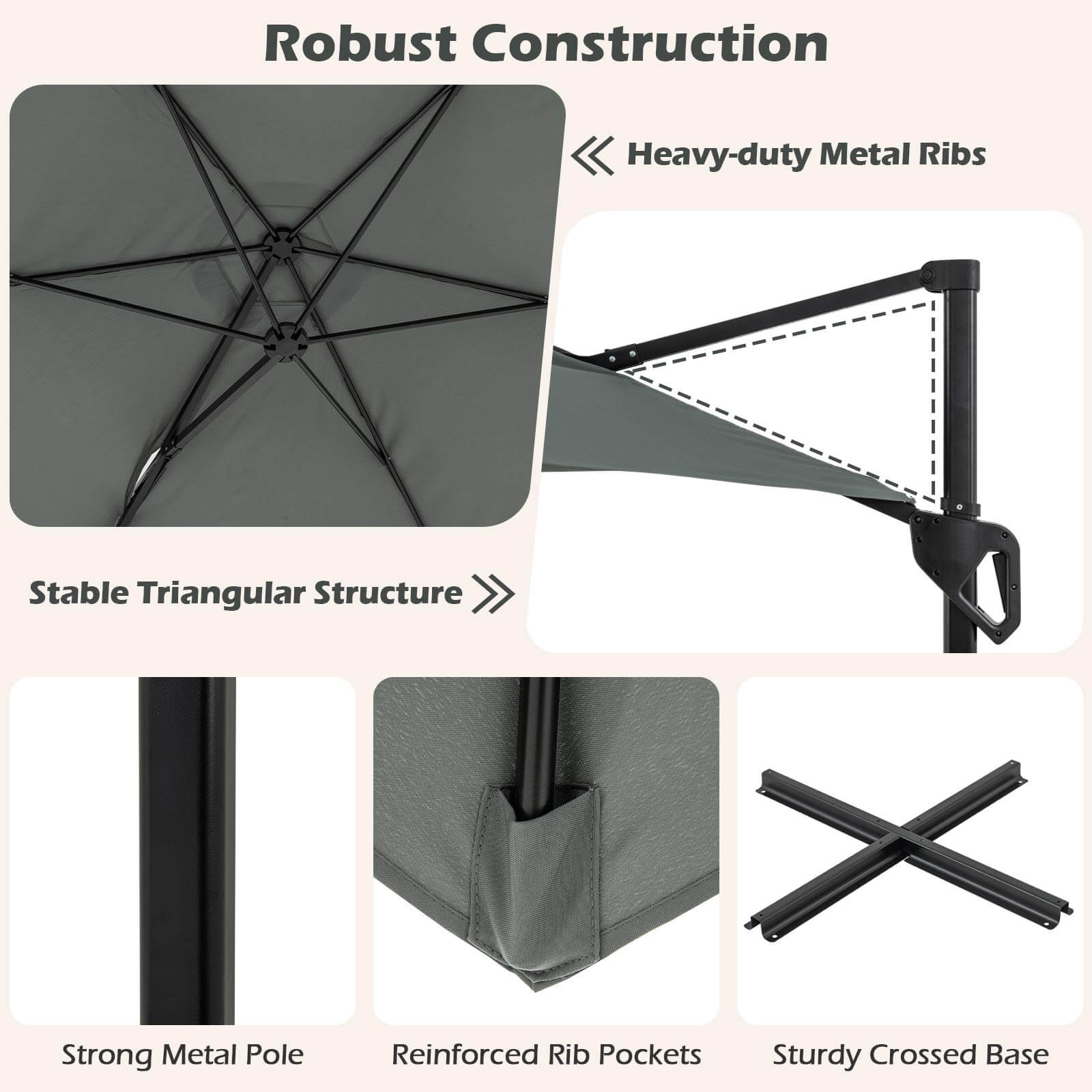 Robust Construction

- Heavy-duty Metal Ribs
- Stable Triangular Structure
- Strong Metal Pole
- Reinforced Rib Pockets
- Sturdy Crossed Base