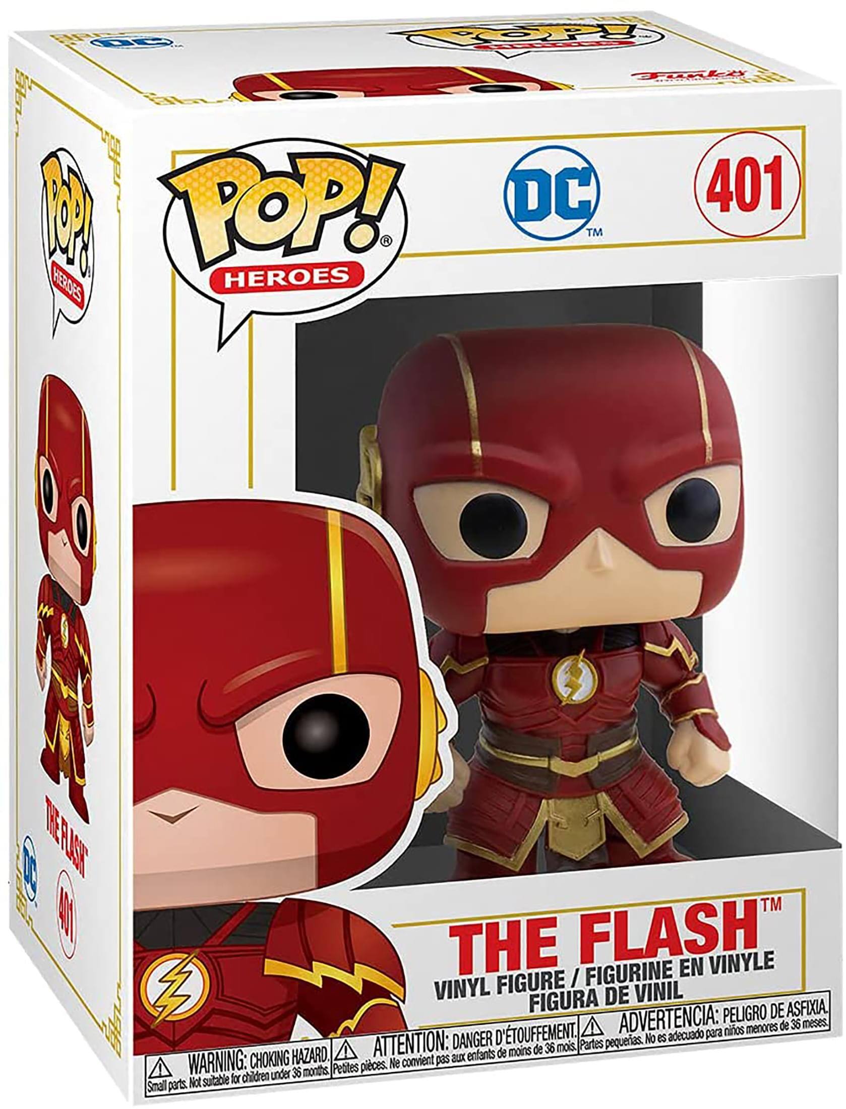 Sure, here is the corrected and grouped text from the image:

---

**Top Left:**
- POP! HEROES

**Top Center:**
- DC
- 401

**Center:**
- THE FLASH™

**Bottom:**
- VINYL FIGURE / FIGURINE EN VINYLE / FIGURA DE VINIL

**Warnings:**
- WARNING: CHOKING HAZARD - Small parts. Not suitable for children under 36 months.
- ATTENTION: DANGER D'ÉTOUFFEMENT - Petites pièces. Ne convient pas aux enfants de moins de 36 mois.
- ADVERTENCIA: PELEIGRO DE ASFIXIA - Piezas pequeñas. No es adecuado para niños menores de 36 meses.

**Bottom Left:**
- THE FLASH™
- DC
- 401

**Bottom Right:**
- Frank Frazetta

---