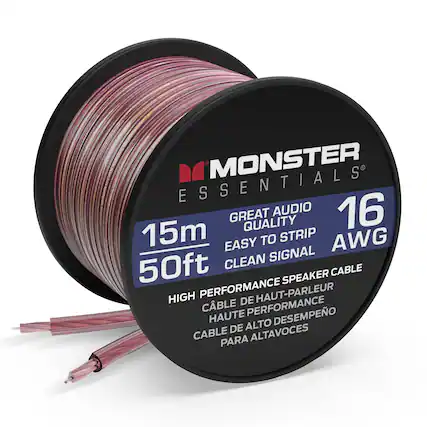 MONSTER ESSENTIALS
GREAT AUDIO QUALITY
EASY TO STRIP
CLEAN SIGNAL
16 AWG
15m / 50ft
HIGH PERFORMANCE SPEAKER CABLE
CÂBLE DE HAUTE PERFORMANCE
HAUTE PERFORMANÇA
CABLE DE ALTO DESEMPEÑO
PARA ALTAVOZES