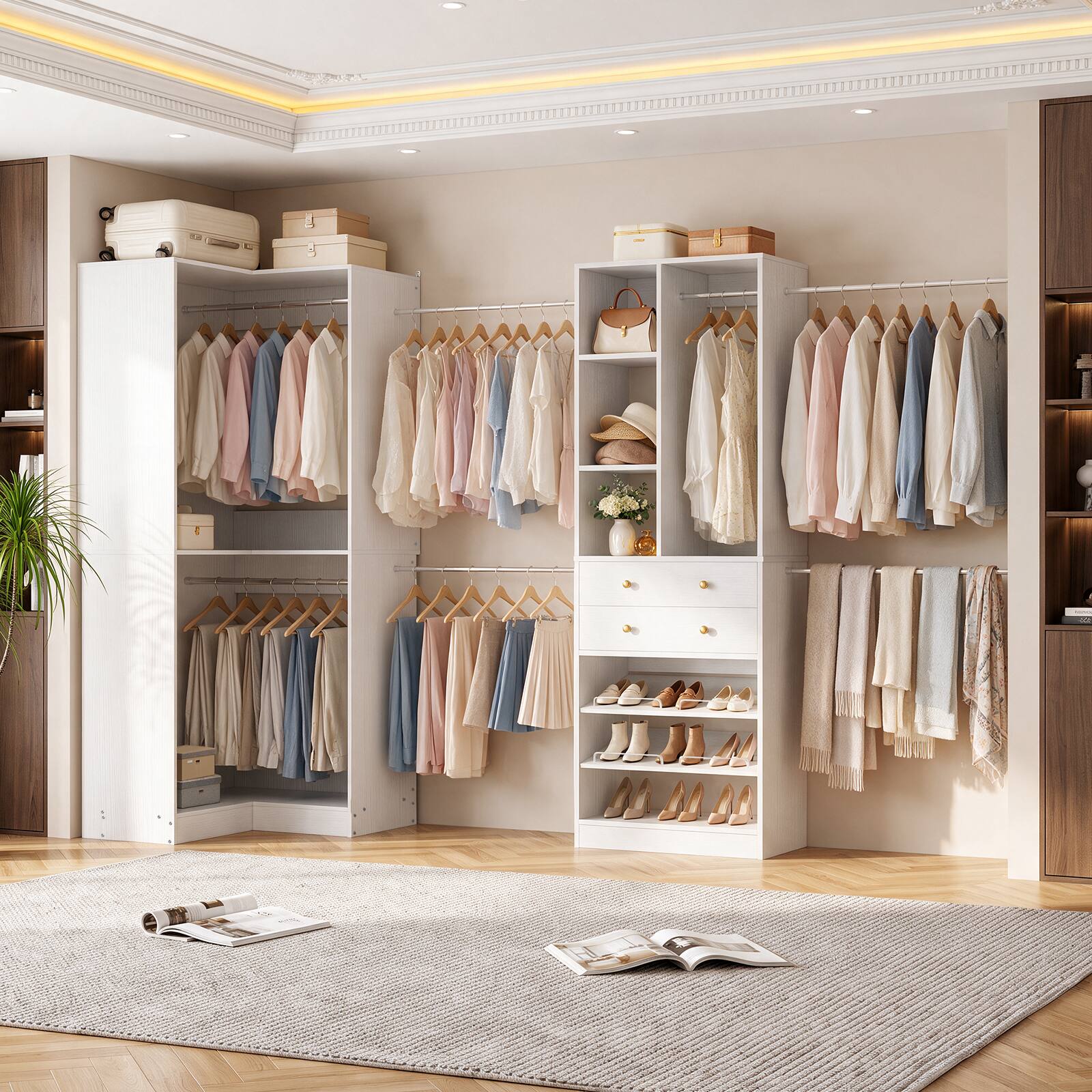 Alt View 3. Aheaplus - 59.3 - 138 Inch Adjustable Walk-in Corner Closet Organizer with 7 Hanging Rods, 11 Shelves and 2 Drawers - White.