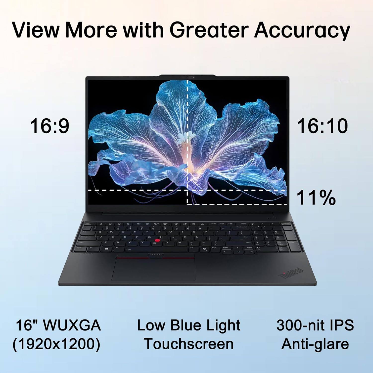 View More with Greater Accuracy

16:9 16:10

11%

16" WUXGA (1920x1200)

Low Blue Light Touchscreen

300-nit IPS Anti-glare