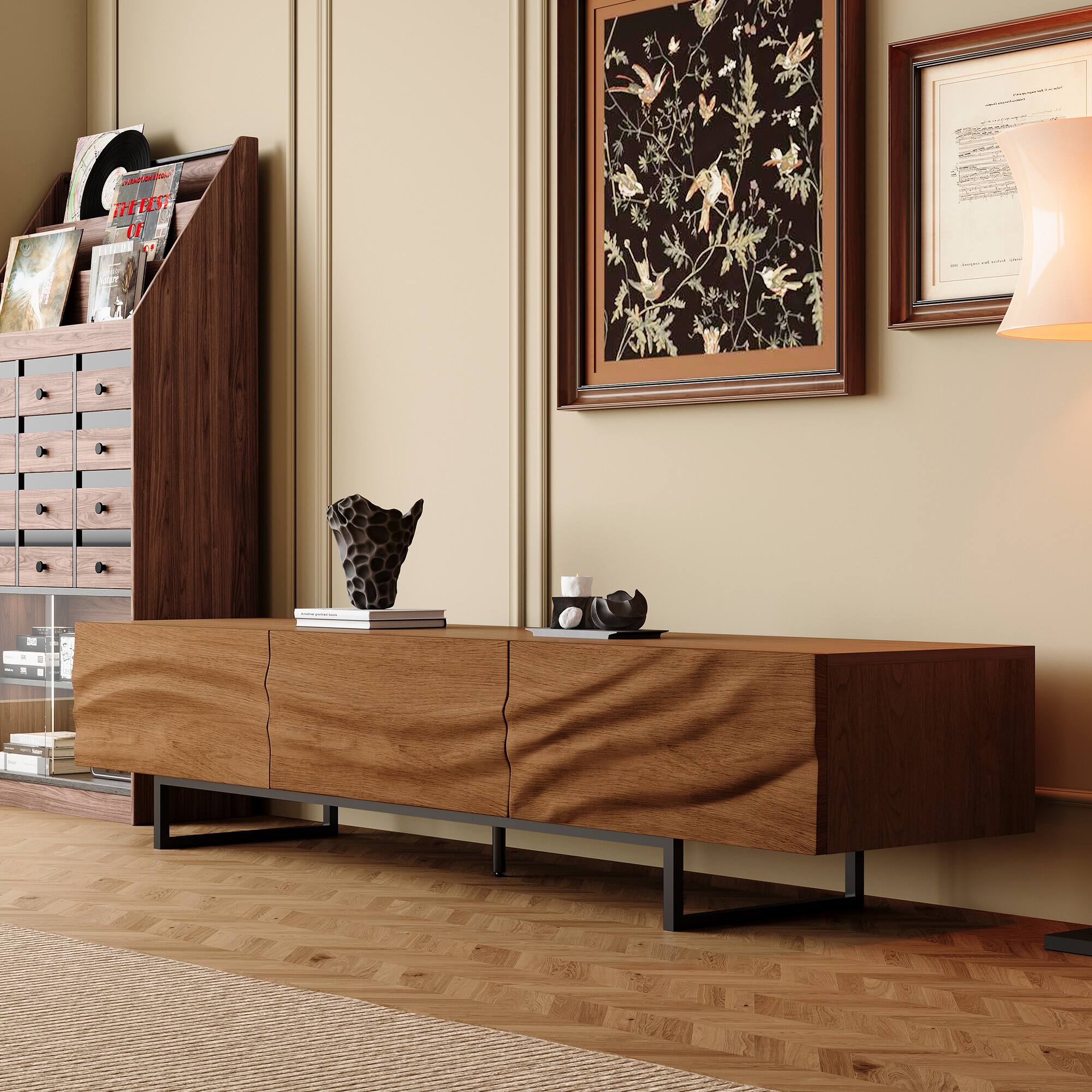 Alt View 1. luck idea - 82.83" TV Stand with Metal Legs, 3 Drawers & Vent Holes, Wide Media Console for Living Room - Walnut Color.