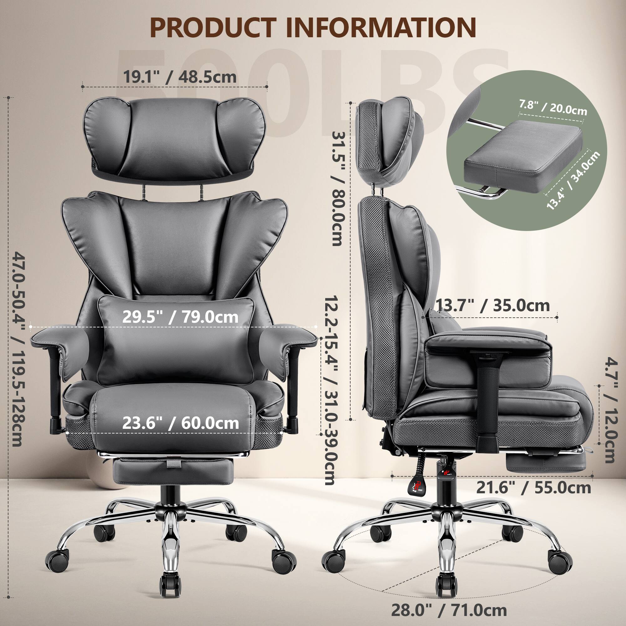 KERDOM - Ergonomic Executive Chair with Footrest, Lifting Armrest & Headrest Adjustable, Home Office Reclining PU Leather Chair - Gray - Thumbnail 3