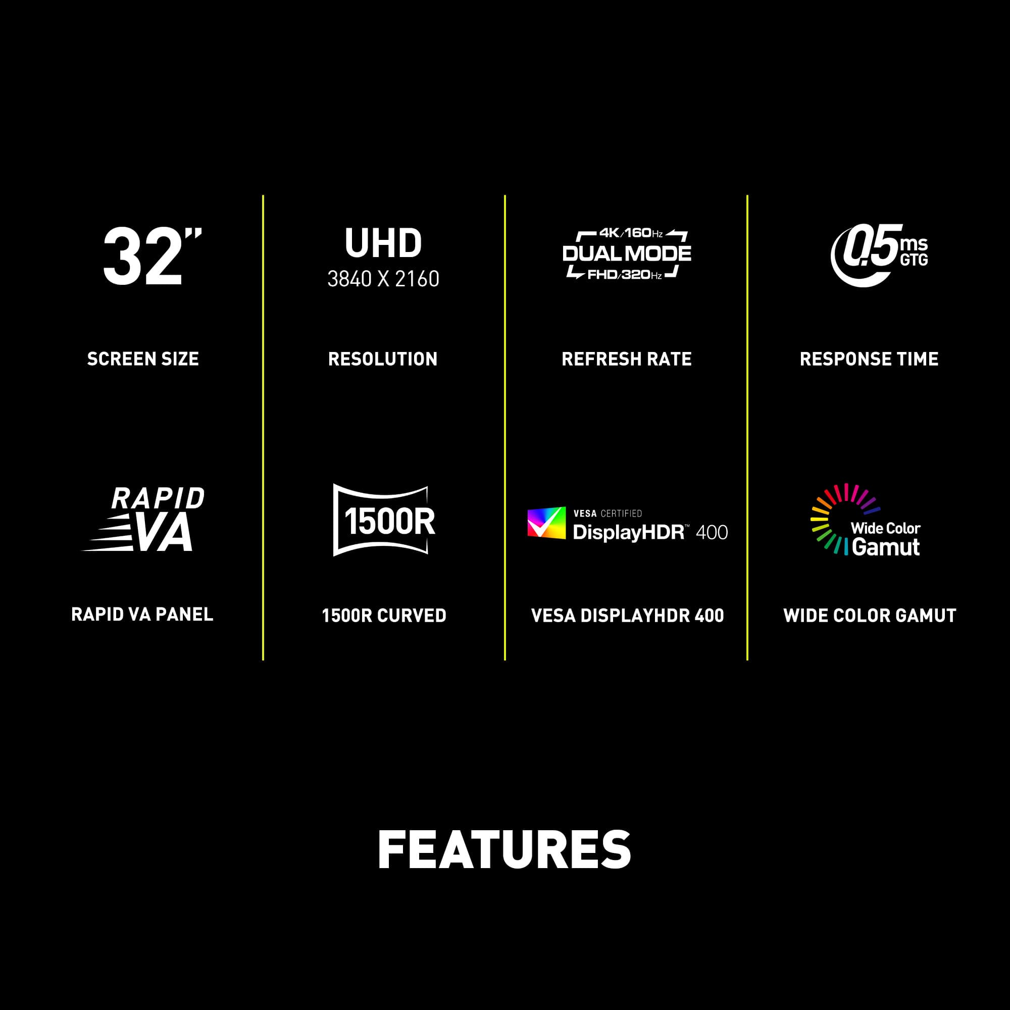Features:
* 32" UHD 3840 x 2160 4K/160Hz DualMode FHD.320H 05ms GTG
* Screen Size: 32"
* Resolution: 3840 x 2160
* Refresh Rate: 160Hz
* Response Time: 05ms
* Rapid VA Panel: 1500R
* VESA Certified DisplayHDR 400
* Wide Color Gamut