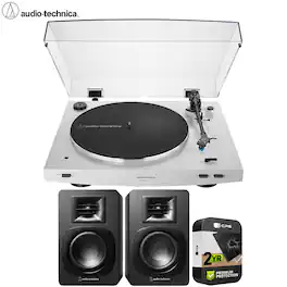 Audio-Technica - AT-LP3XBT Automatic Wireless Belt-drive Turntable White + Speakers Bundle