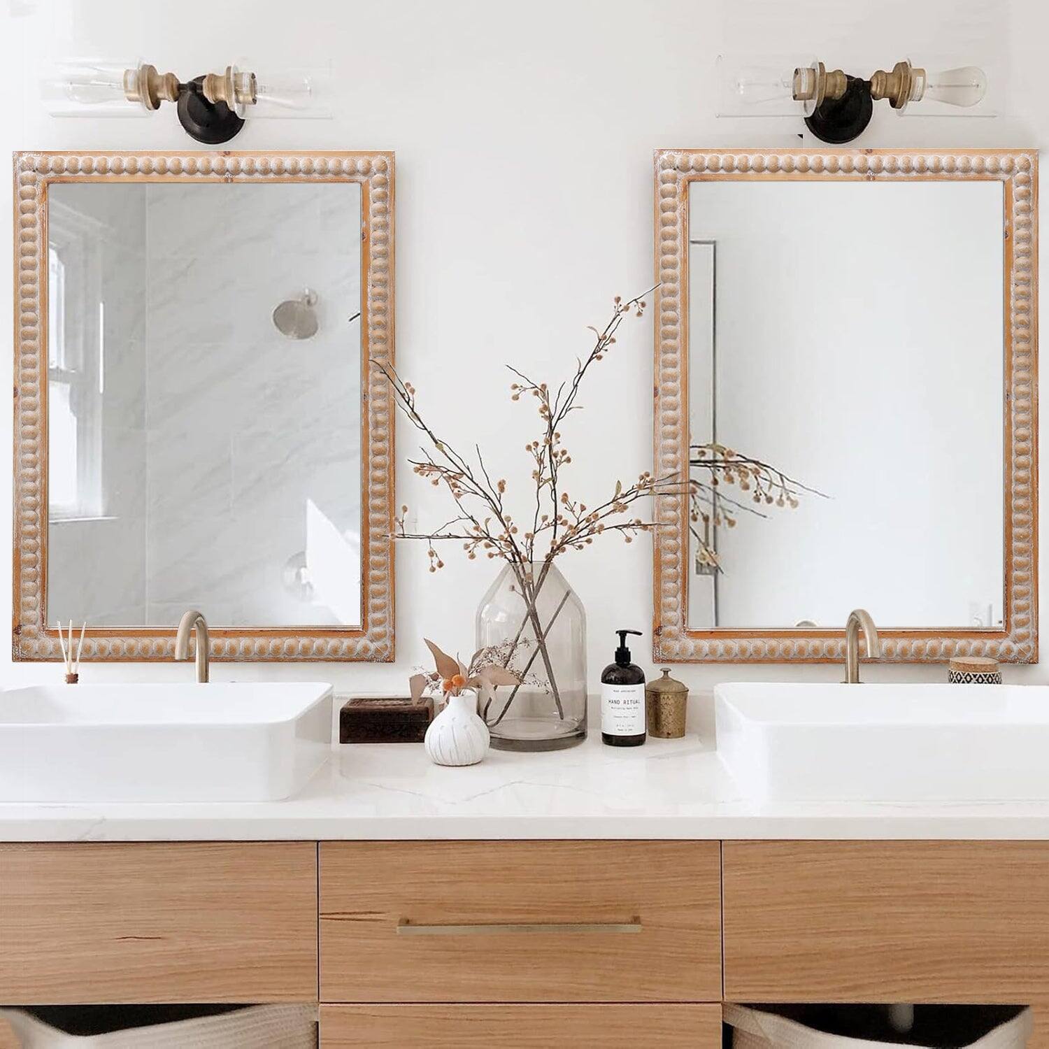 Angle. BreeBe - 22x30 Wood Framed Wall Mirror for Bathroom Farmhouse Rectangle Vanity Mirror Horizontal/Vertical with Beading - Antique Natural.