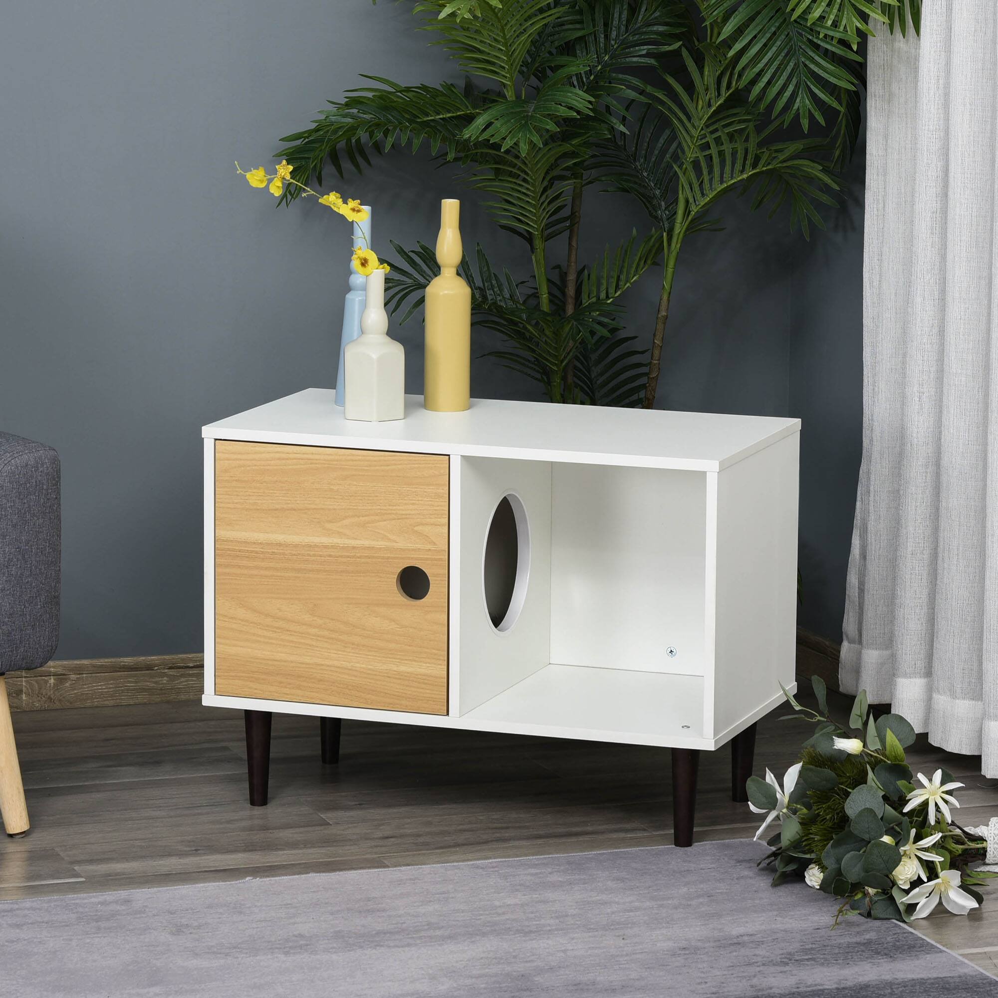Angle. Siljoy - Wooden Cat Side Table with Cushion, Elevated Pet House with Magnetic Door & Storage Space.