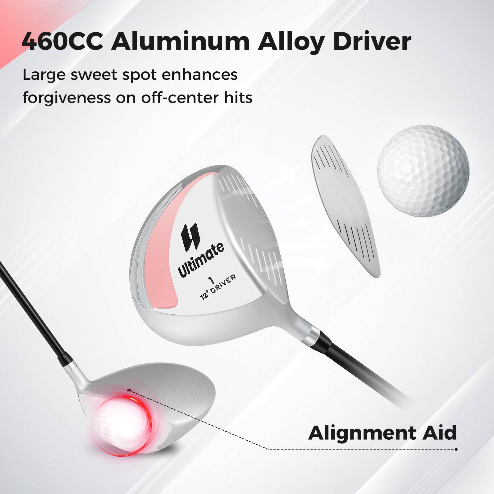 460CC Aluminum Alloy Driver

Large sweet spot enhances forgiveness on off-center hits

Ultimate 1 DRIVER 12°

Alignment Aid