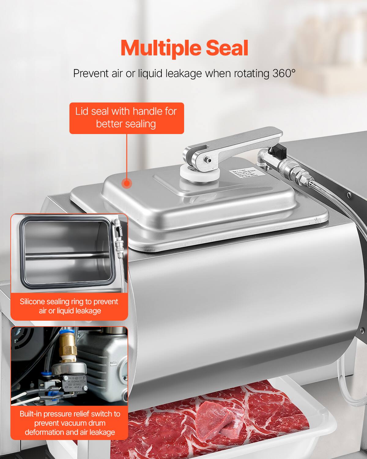 Multiple Seal  
Prevent air or liquid leakage when rotating 360°  

- Lid seal with handle for better sealing  
- Silicone sealing ring to prevent air or liquid leakage  
- Built-in pressure relief switch to prevent vacuum drum deformation and air leakage