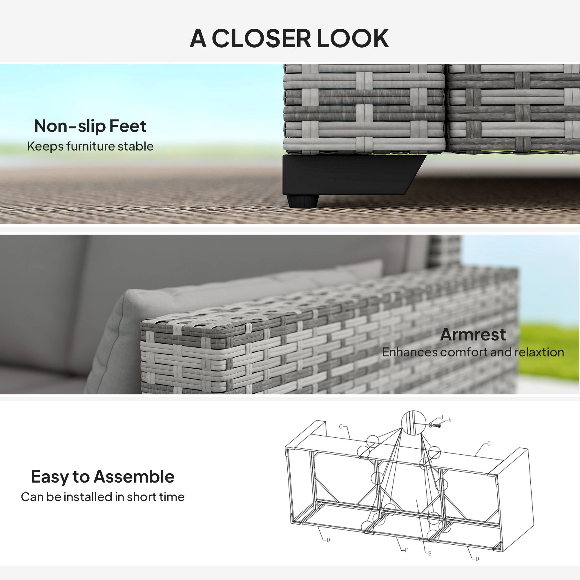 A CLOSER LOOK

Non-slip Feet
Keeps furniture stable

Armrest
Enhances comfort and relaxation

Easy to Assemble
Can be installed in short time