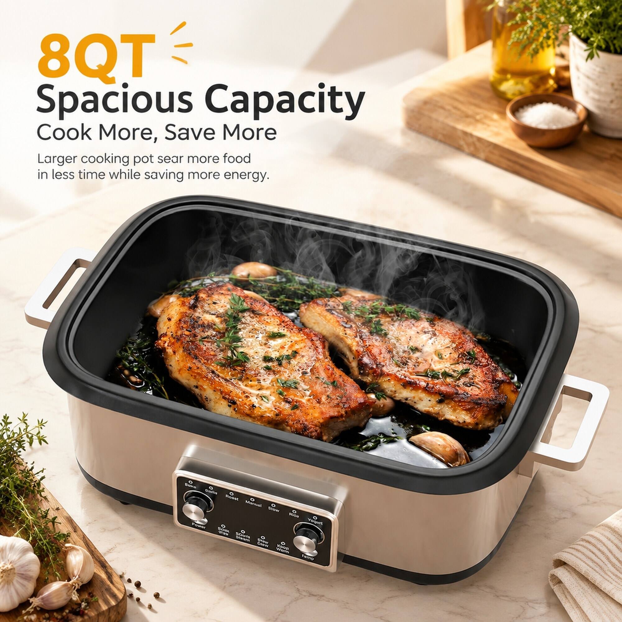 8QT Spacious Capacity  
Cook More, Save More  
Larger cooking pot sear more food in less time while saving more energy.  

Sone Goolle O Roast Manual O STGN 0 NIDE POWAX Yogurt DOHA 2019 SCHOOL mexic - Spice Walls Your Family