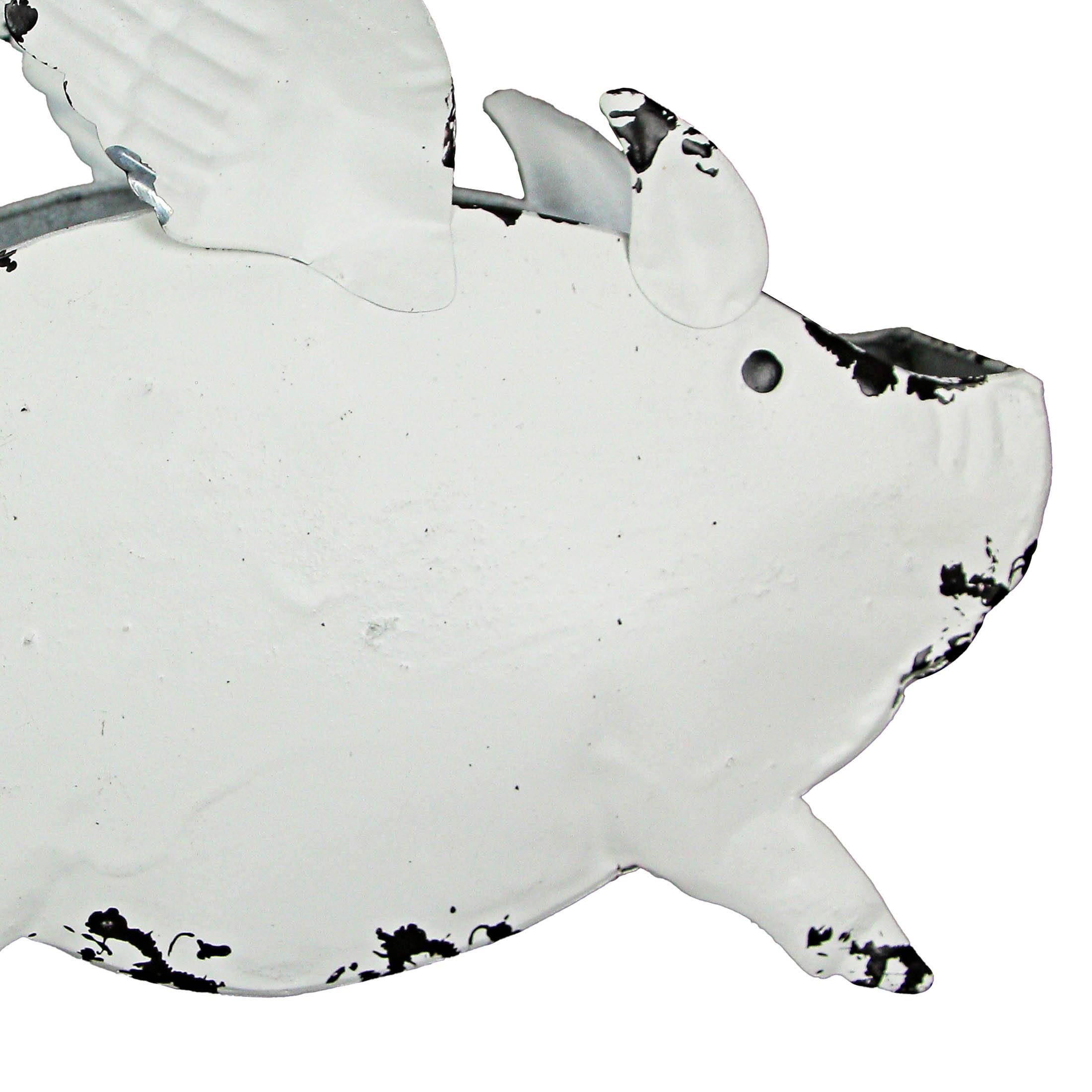 Alt View 3. Zeckos - Metal Distressed White Flying Pig Hanging Planter Set Large & Small Flower Pots - White.